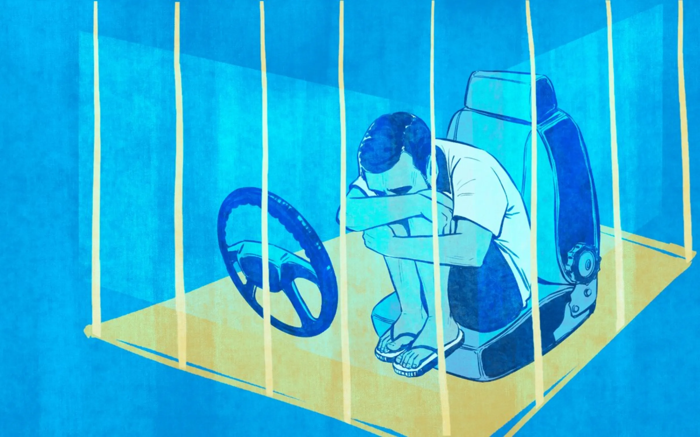 An illustration in blue and yellow shows a man hugging his knees to his chest, head down, in a car seat contained behind bars. A steering wheel lies against the bars. Thomson Reuters Foundation