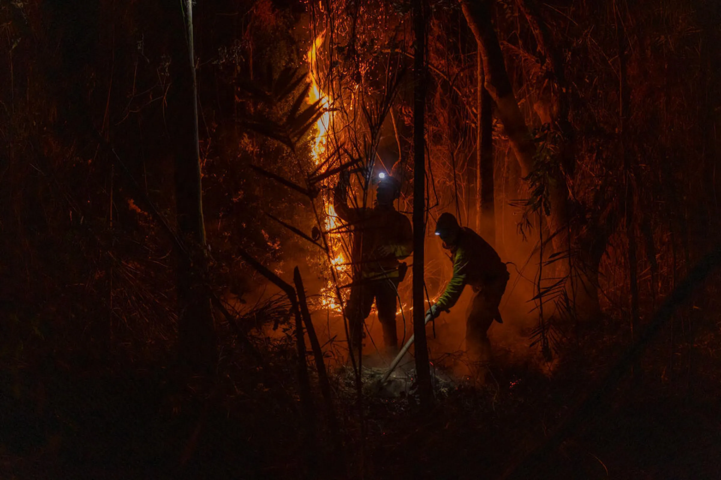 Firefighters from the Bridada de Alter use fire management techniques to protect areas of ecological interest in Alter do Chao, Para State, Brazil. August 1, 2024. Brigada de Alter/Handout via Thomson Reuters Foundation