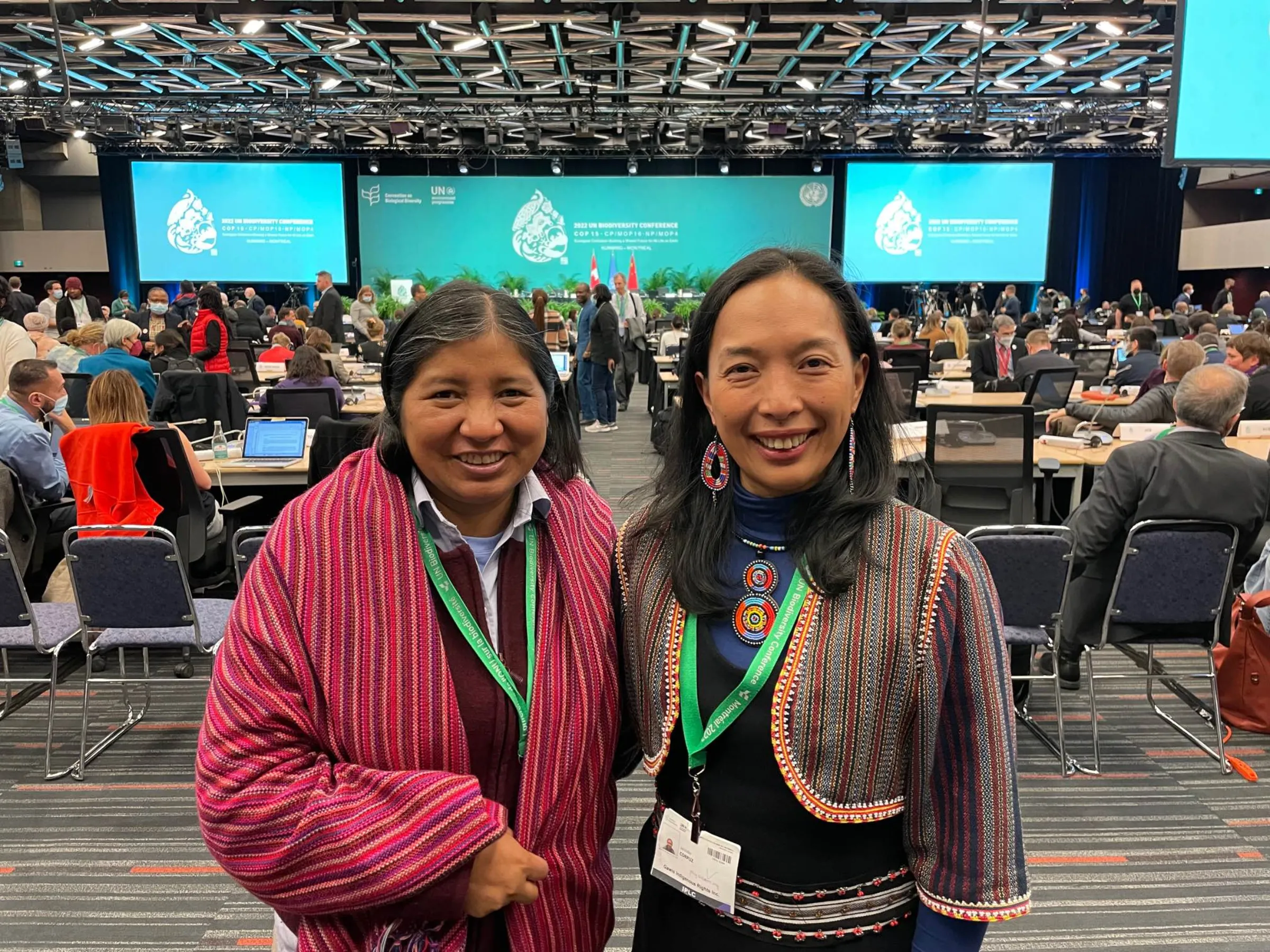 Viviana Figueroa and Jennifer Tauli Corpuz, representatives of the International Indigenous Forum on Biodiversity (IIFB) at the U.N. COP15 nature conference in Montreal, Canada, 18 December, 2022. Thomson Reuters Foundation/Jack Graham