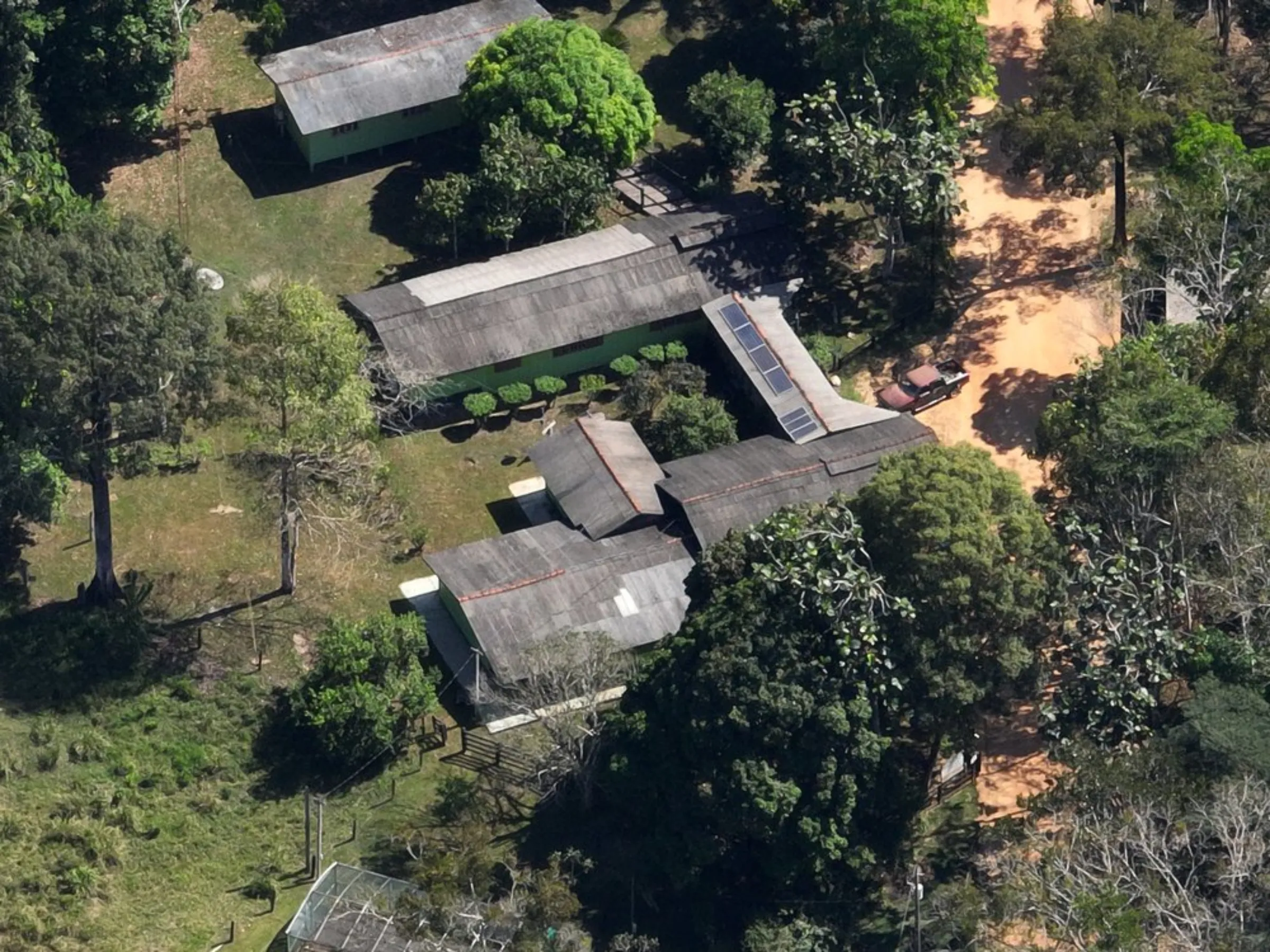 An aerial view of the main entrance to Florestal Santa Maria, a conservation project in Colniza, in the state of Mato Grosso, Brazil, May 29, 2022