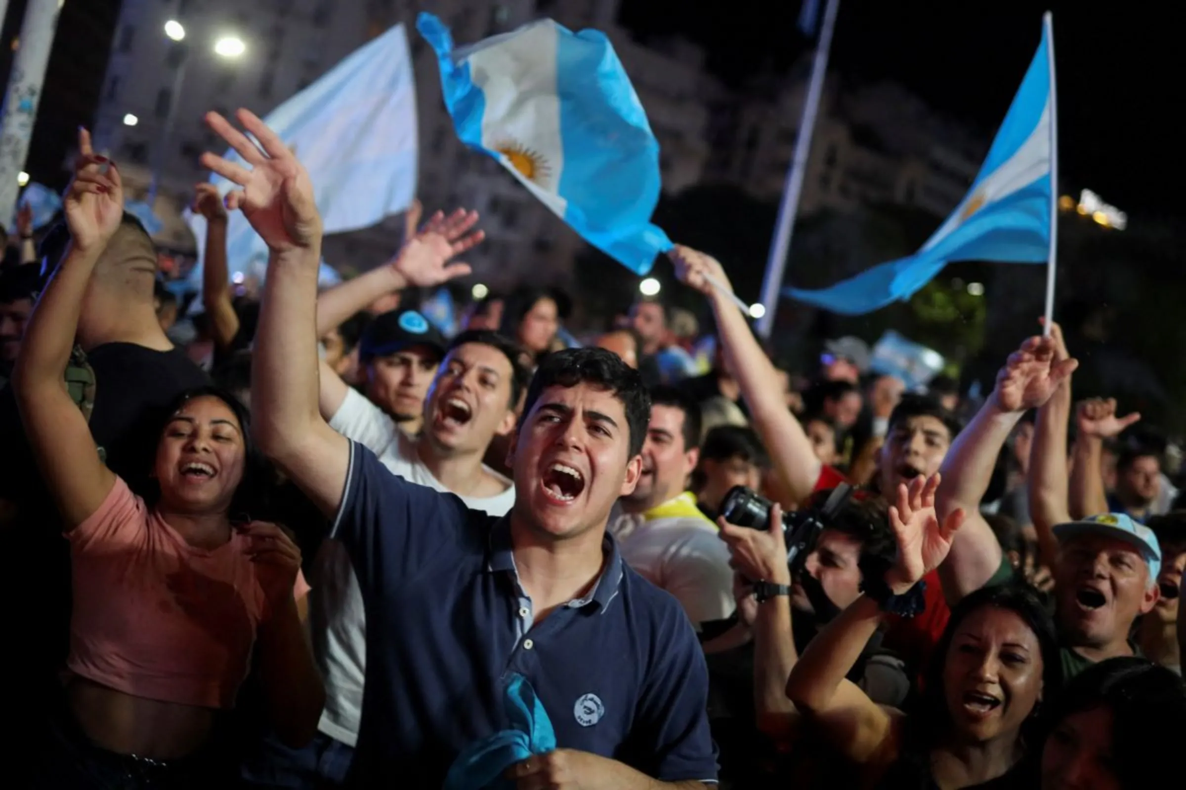 Supporters of Argentine president-elect Javier Milei celebrate the results of Argentina's runoff presidential election, in Buenos Aires, Argentina November 19, 2023