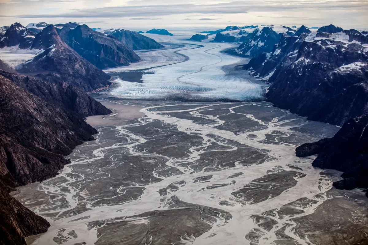 The melting Sermeq glacier, located around 80 km south of Nuuk, is photographed in this aerial over Greenland
