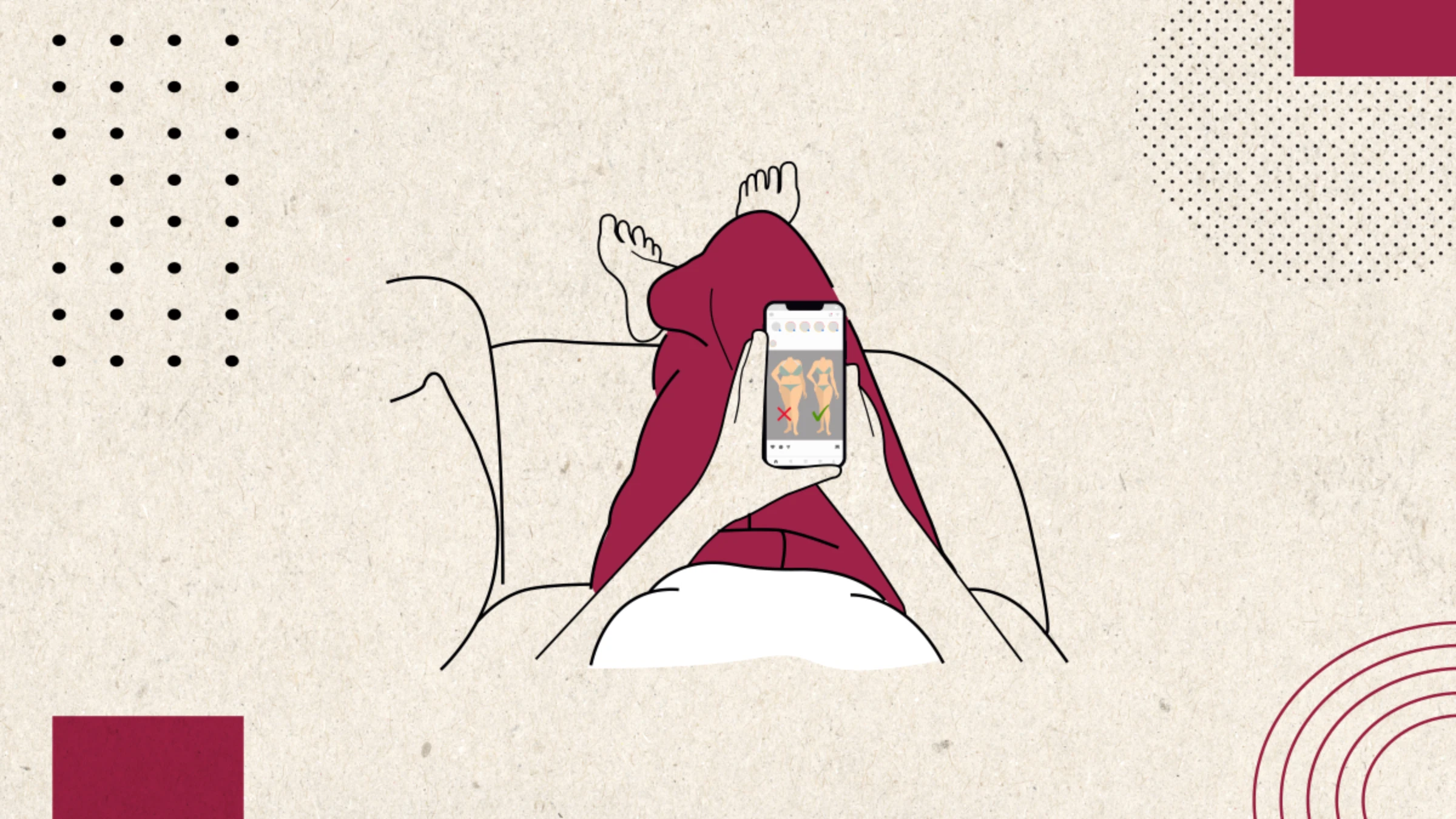 A girl lying on a couch with her feet up looks at her phone showing a picture of two bodies in this illustration photo. The bigger body has a red cross while the slimmer body has a green tick. Thomson Reuters Foundation/Tereza Astilean