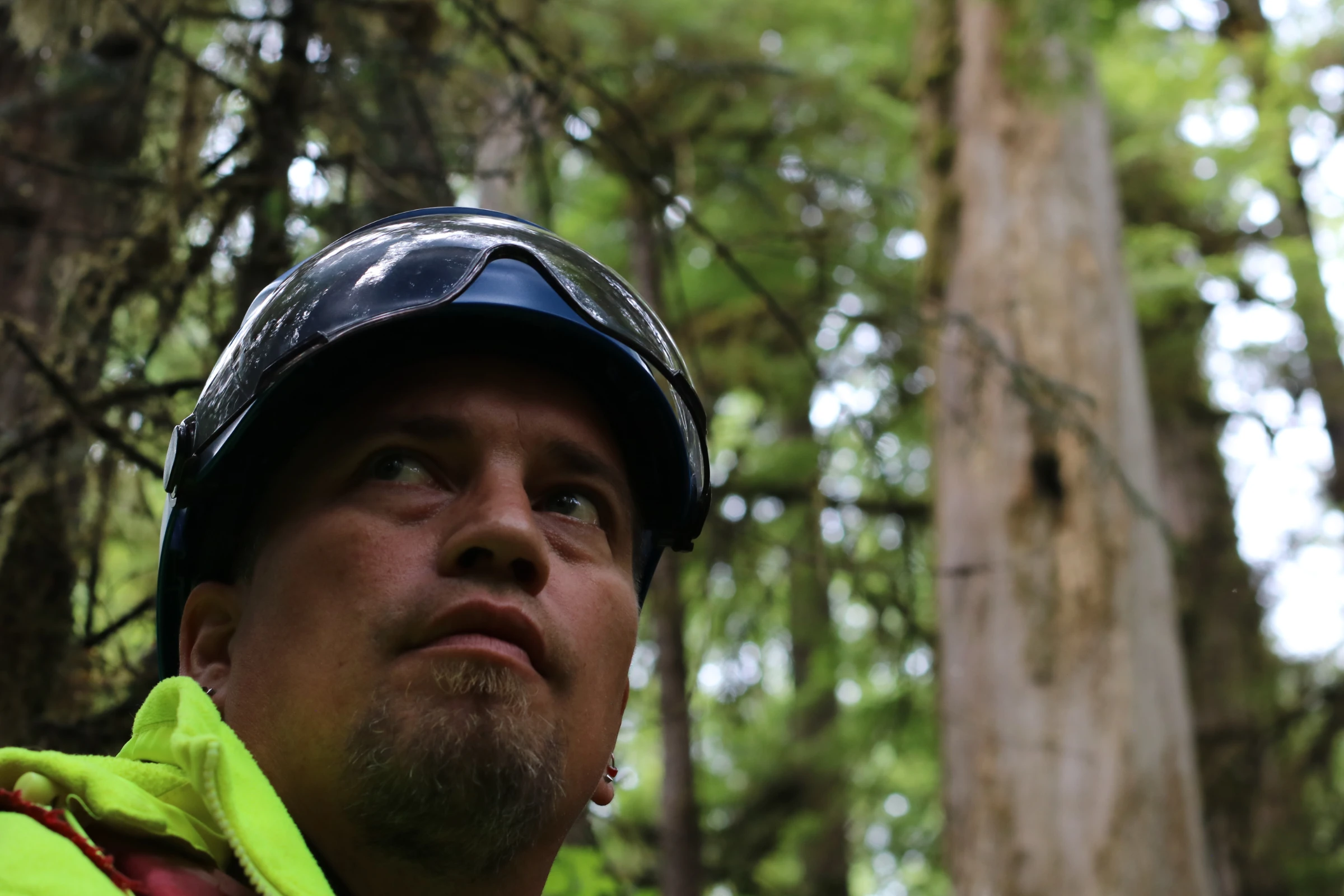 Guy Lawson, working with Taan Forest for 12 years, identifies trees and other natural features like rivers they cannot log, on Haida Gwaii, on Graham Island, Canada. July 24, 2024. Thomson Reuters Foundation/Jack Graham