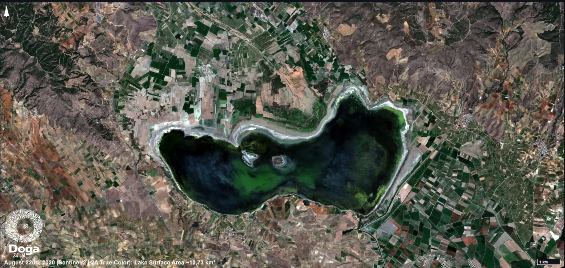 A satellite image showing the surface area of Lake Marmara, Manisa, Turkey. August 22, 2020. Doga Dernegi/Handout via Thomson Reuters Foundation