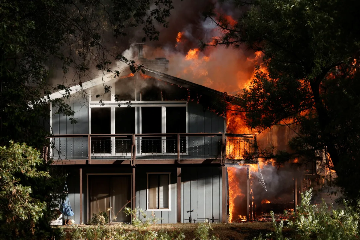 A house is burning surrounded by trees