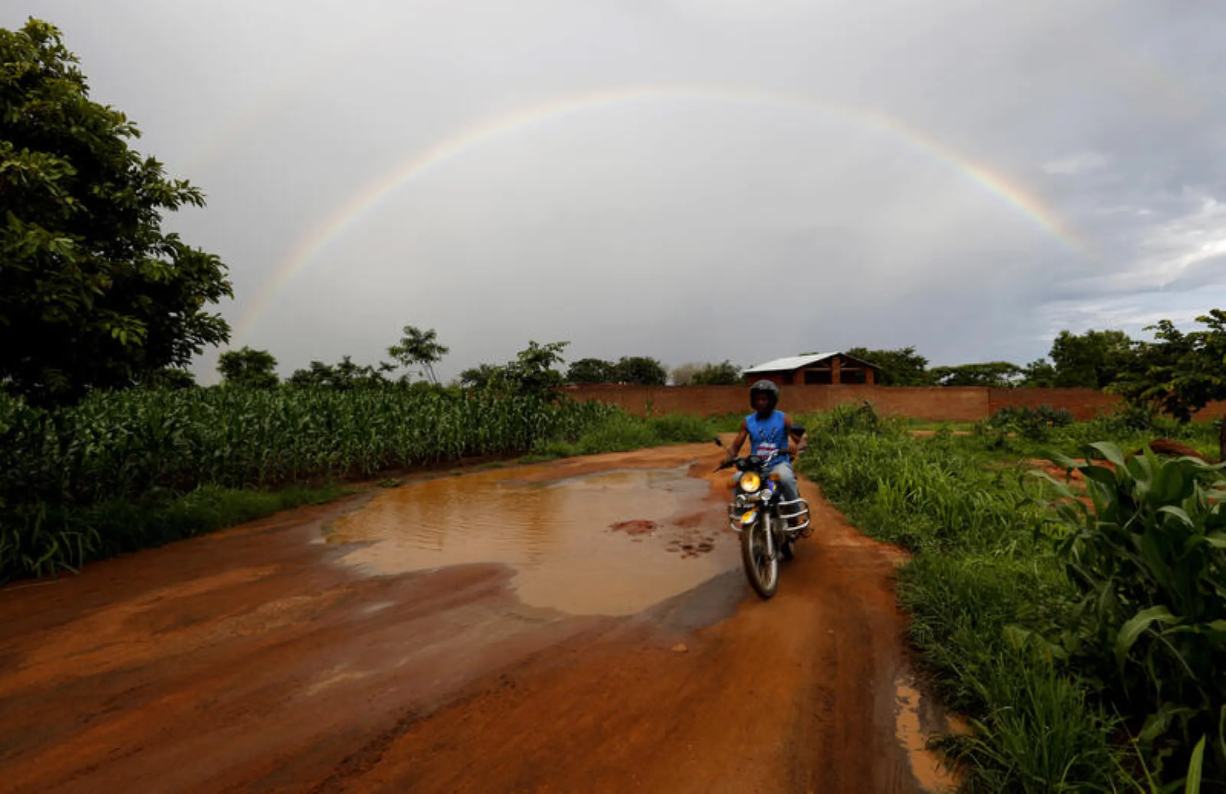 Storm clouds hang over a rainbow as a motorcyclist rides past a field of maize after late rains near Malawi's capital Lilongwe, February 1, 2016. REUTERS/Mike Hutchings/File Photo