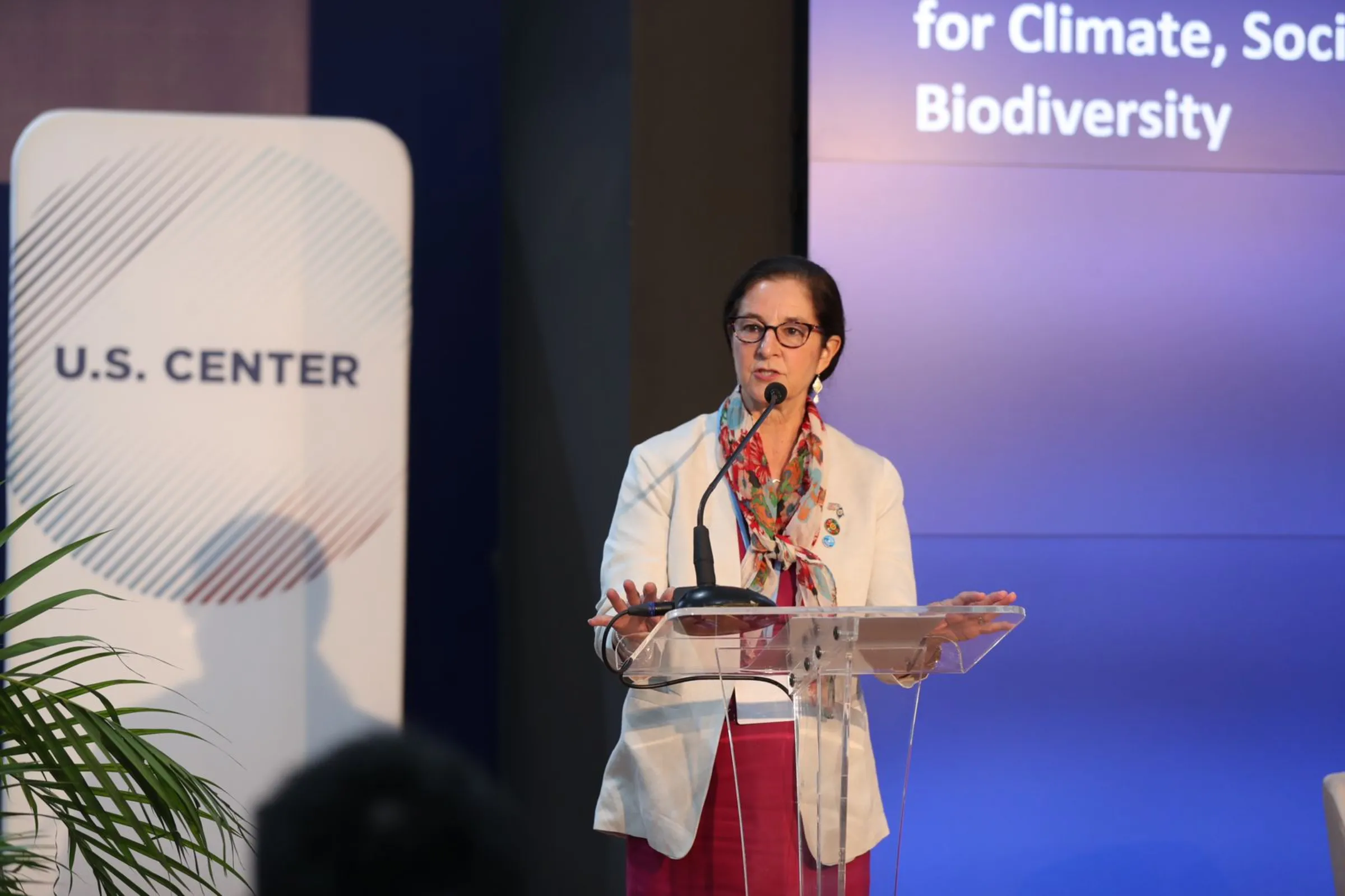 Monica Medina, Assistant Secretary of State for Oceans and International Environmental and Scientific Affairs speaks at the COP27 climate summit in Sharm El-Sheikh, Egypt on November 7, 2022. U.S. Embassy Cairo/Maged Helal/Handout via Thomson Reuters Foundation