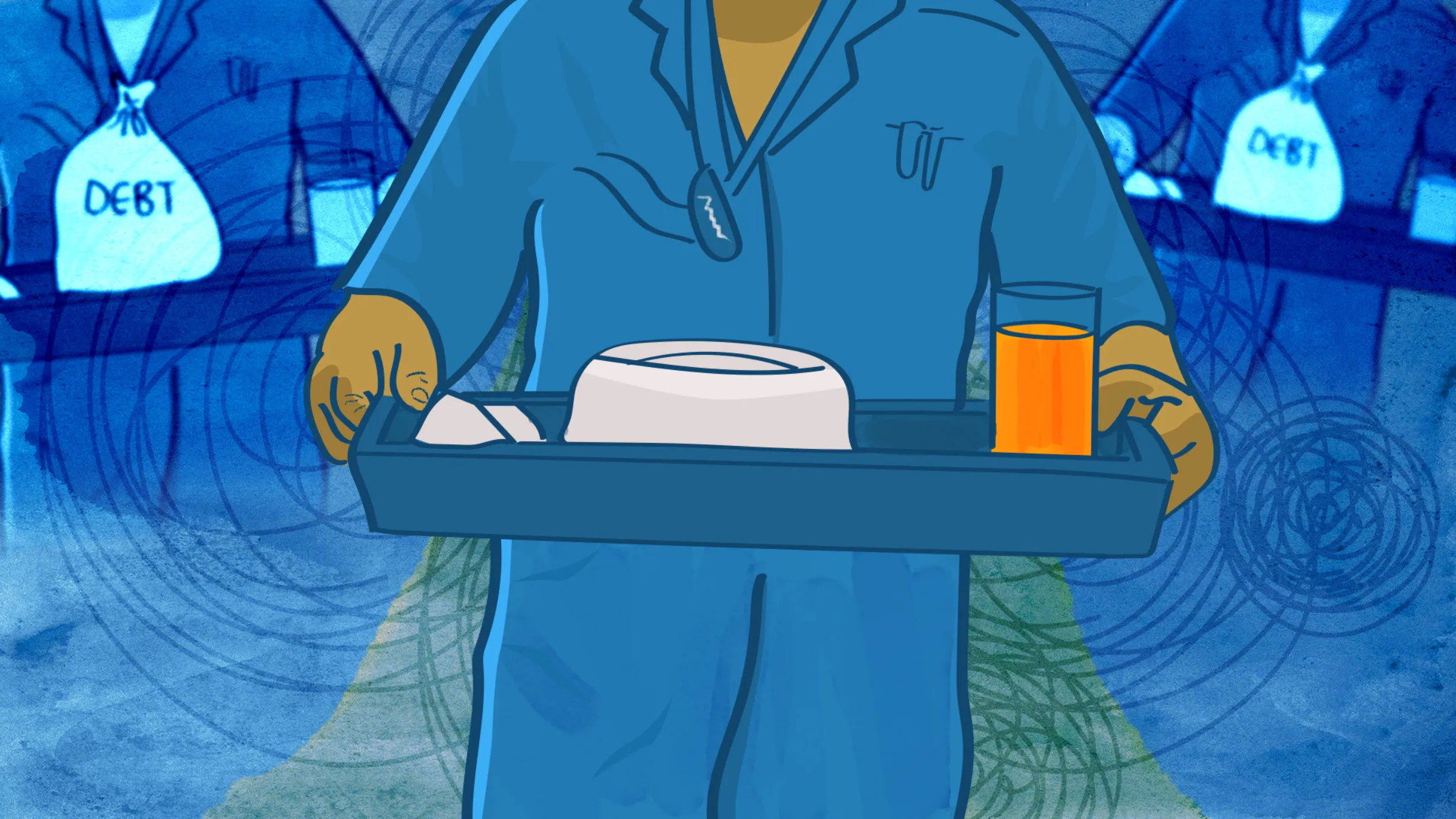 An illustration showing a tray of food being carried by a carer, with similar trays in the background holding bags labelled 'debt'.
