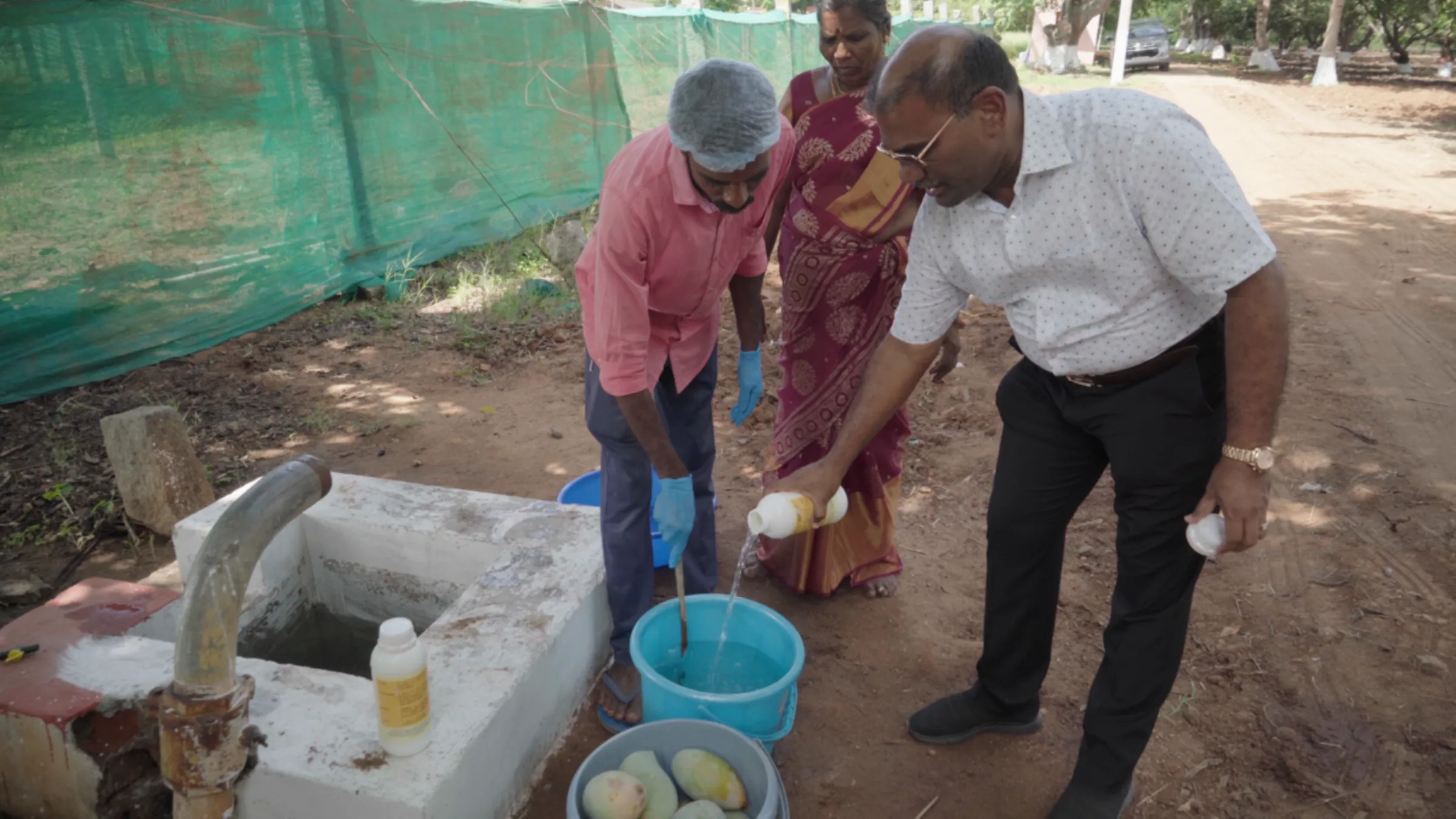 K S Subramanian, former director of research at the Tamil Nadu Agriculture University shows a chemical solution used to prolong the life of mangoes in this screengrab from the Context 'Rerooted' video series. Thomson Reuters Foundation/Albert Han
