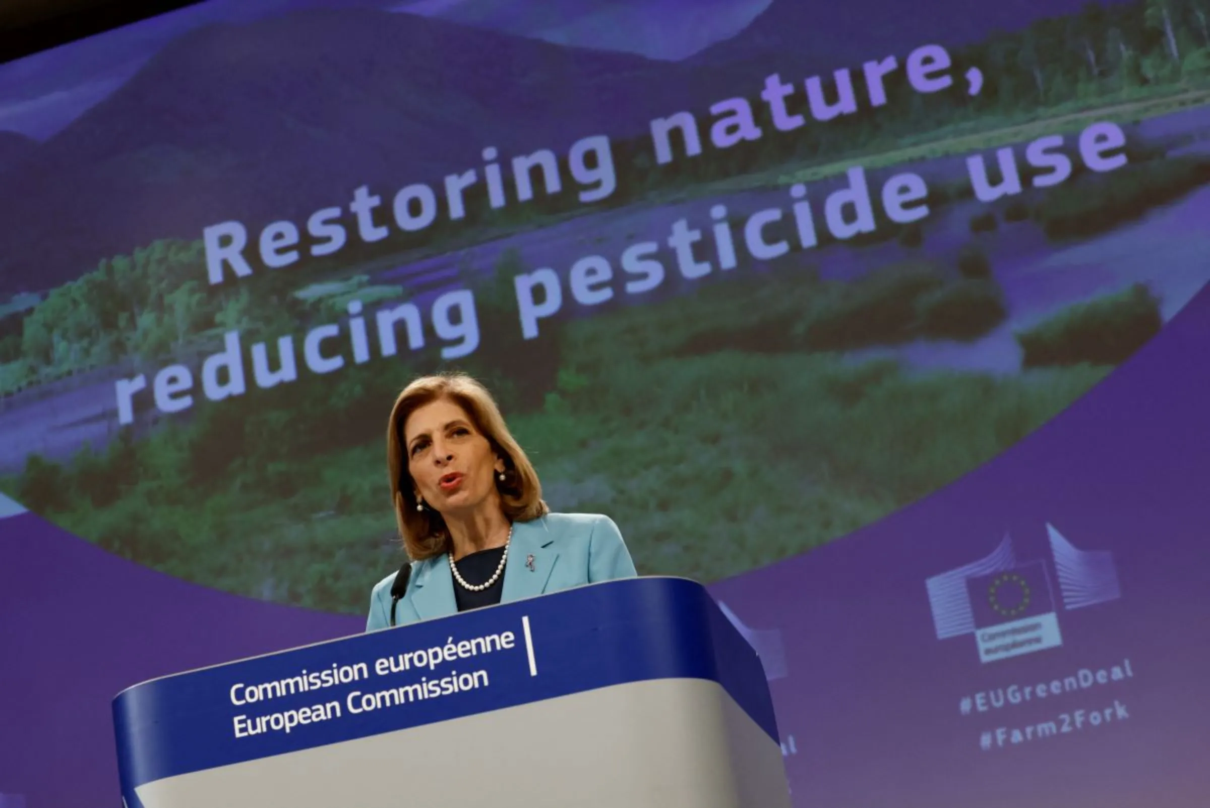 European Commissioner for Health and Food Safety Stella Kyriakides speaks during a news conference on the proposal by the European Commission of two laws to cut the environmental impact of pesticides and set aside land for nature restoration, in Brussels, Belgium June 22, 2022. REUTERS/Yves Herman
