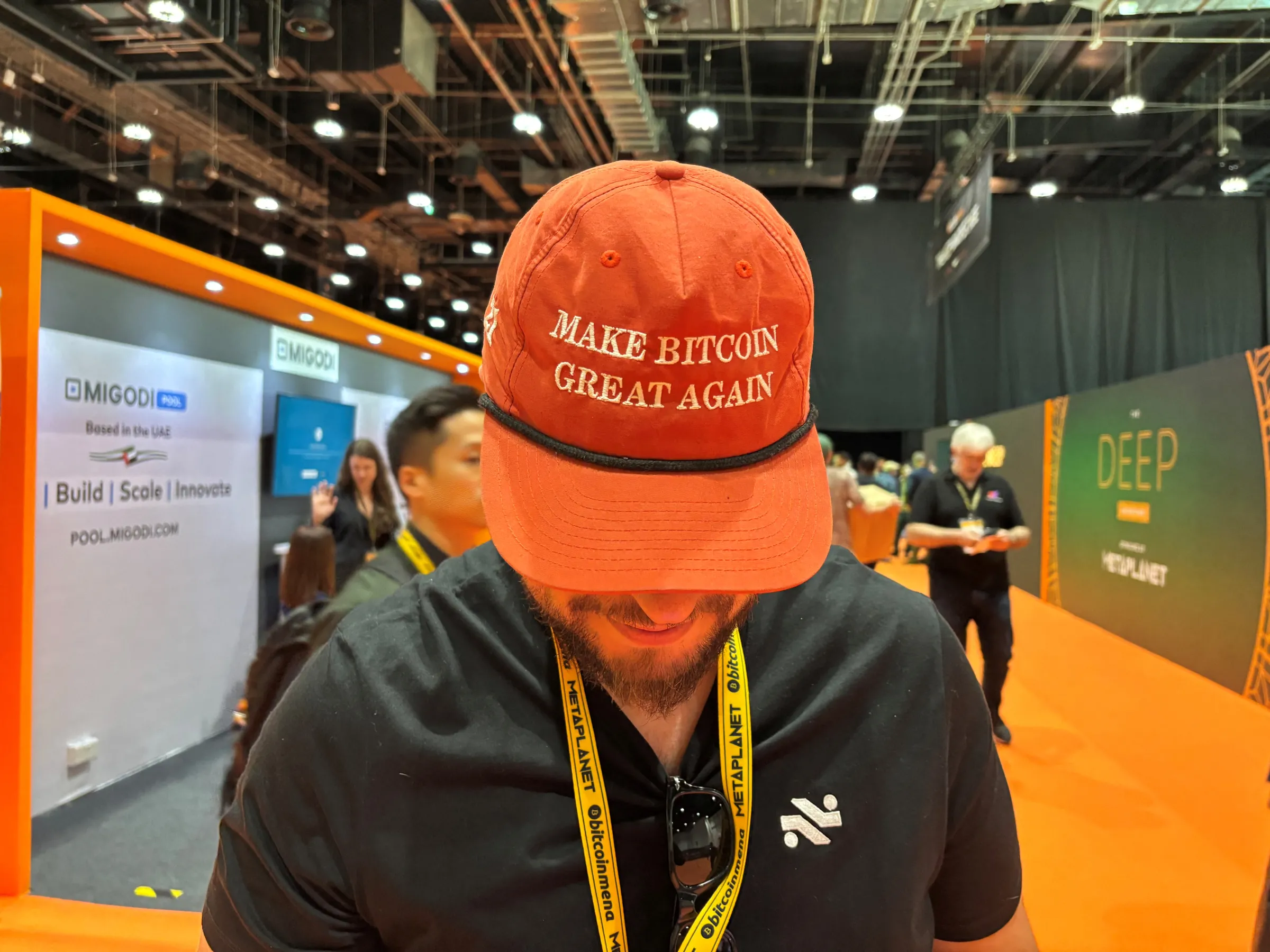 Nick Damico, attendee and co-founder of crypto exchange Roxom wears a cap sporting 'Make Bitcoin Great Again' at the Bitcoin MENA conference in Abu Dhabi, United Arab Emirates, December 9, 2024. REUTERS/Federico Maccioni