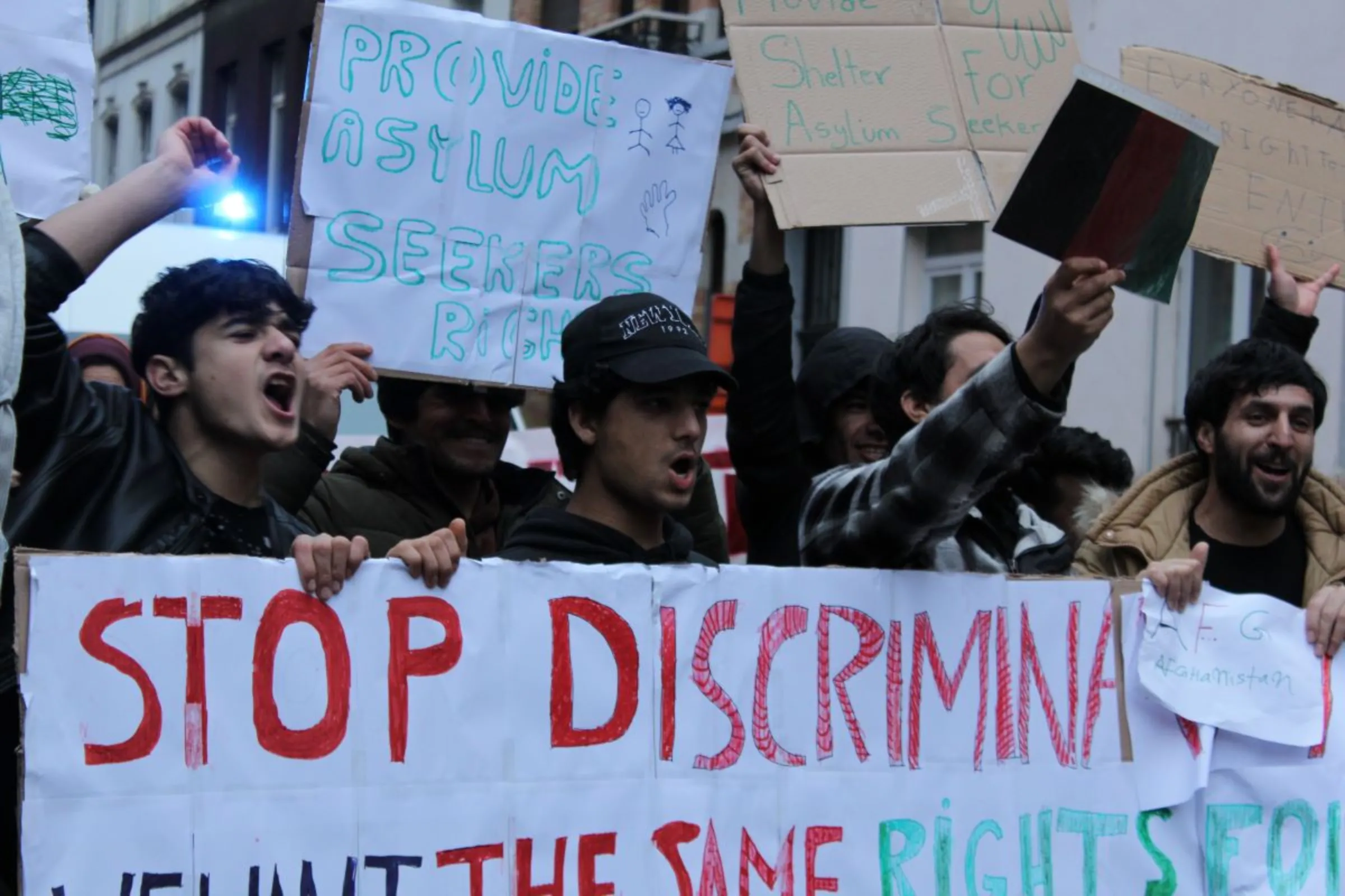 Asylum seekers at a demonstration outside Belgium's asylum reception centre 'the little castle' Brussels, Belgium February 2023