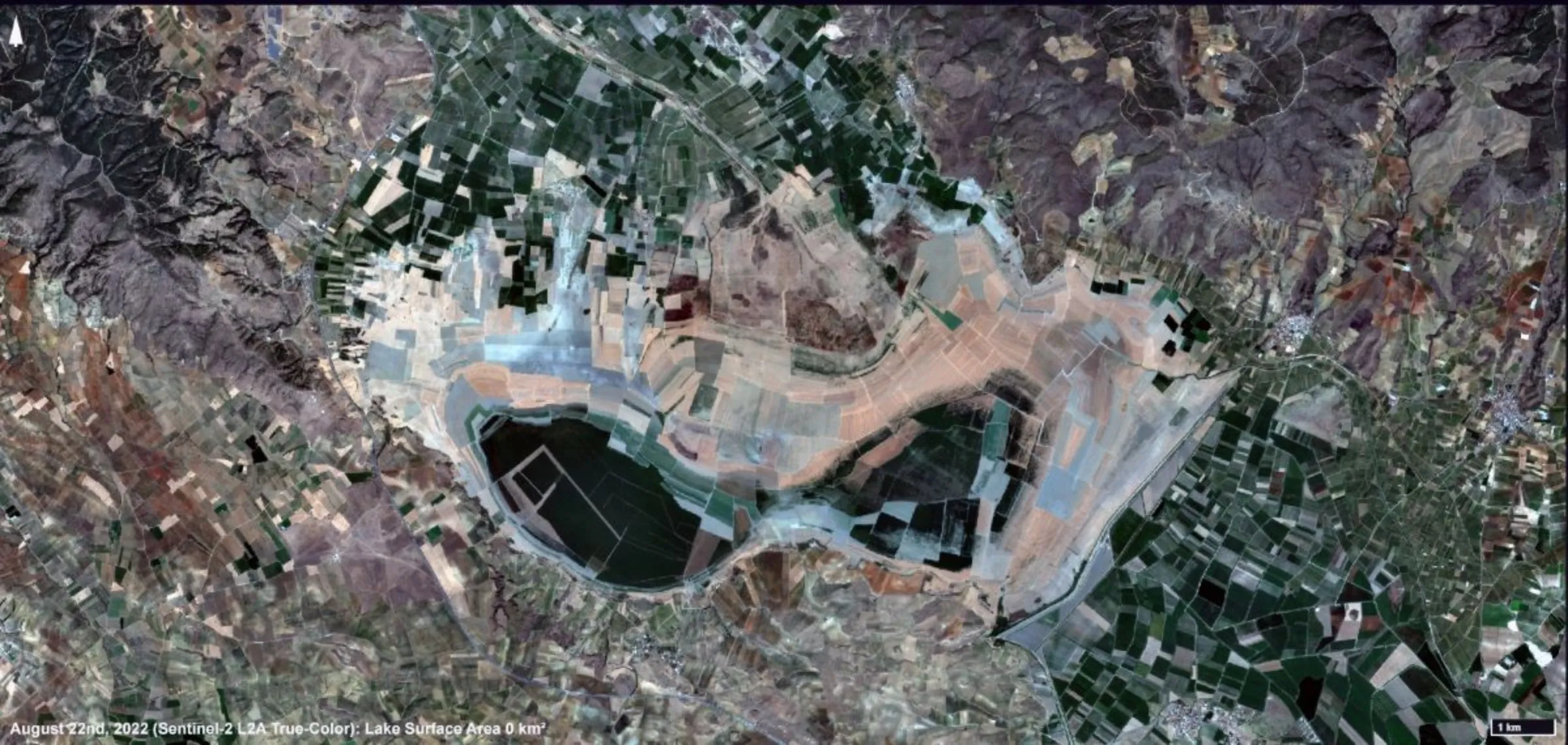 A satellite image showing the surface area of Lake Marmara August 22, 2022. Doga Dernegi/Handout via Thomson Reuters Foundation
