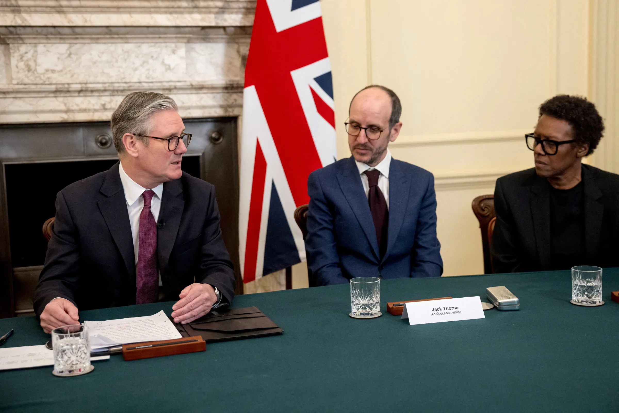 British Prime Minister Kier Starmer holds a roundtable meeting with writer Jack Thorne and producer Jo Johnson at Number 10 Downing Street in London, Britain, March 31, 2025.  Jack Taylor/Pool via REUTERS