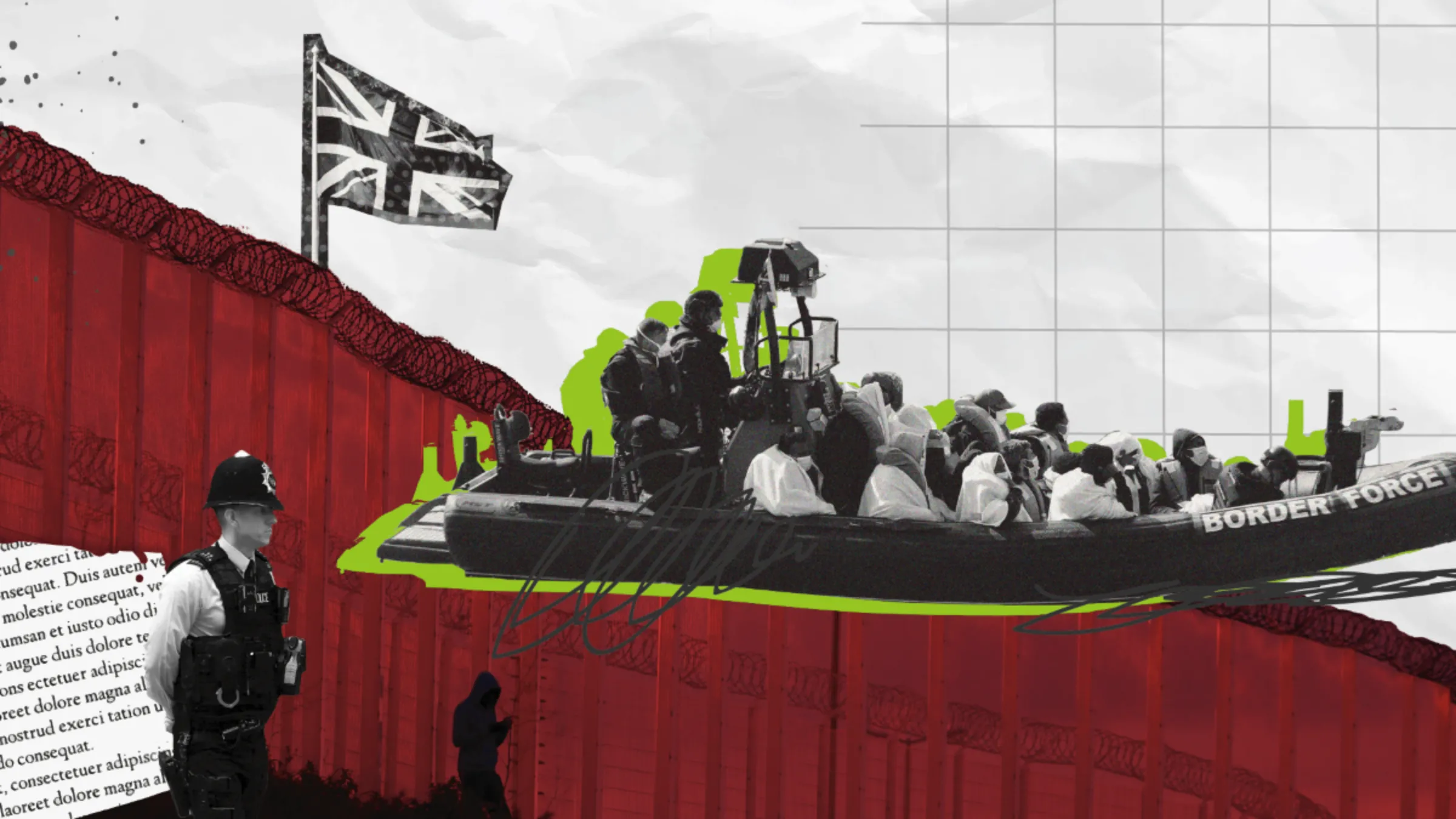 A British policeman is seen looking over a migrant boat as a Union Jack Flag waves in the background in this illustration. November 18, 2022