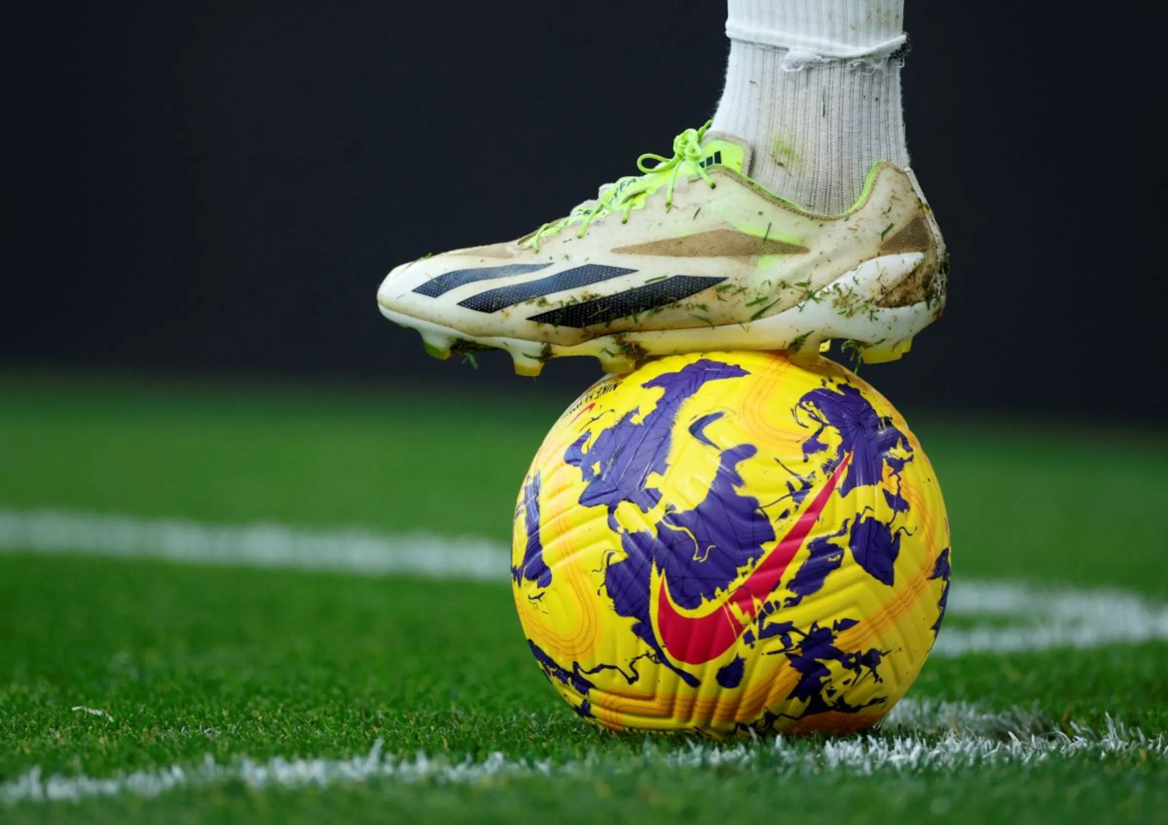 General view of Arsenal's Gabriel Martinelli's boot and the ball, at Arsenal v Brighton & Hove Albion - Emirates Stadium, London, Britain - December 17, 2023. Action Images via Reuters/John Sibley