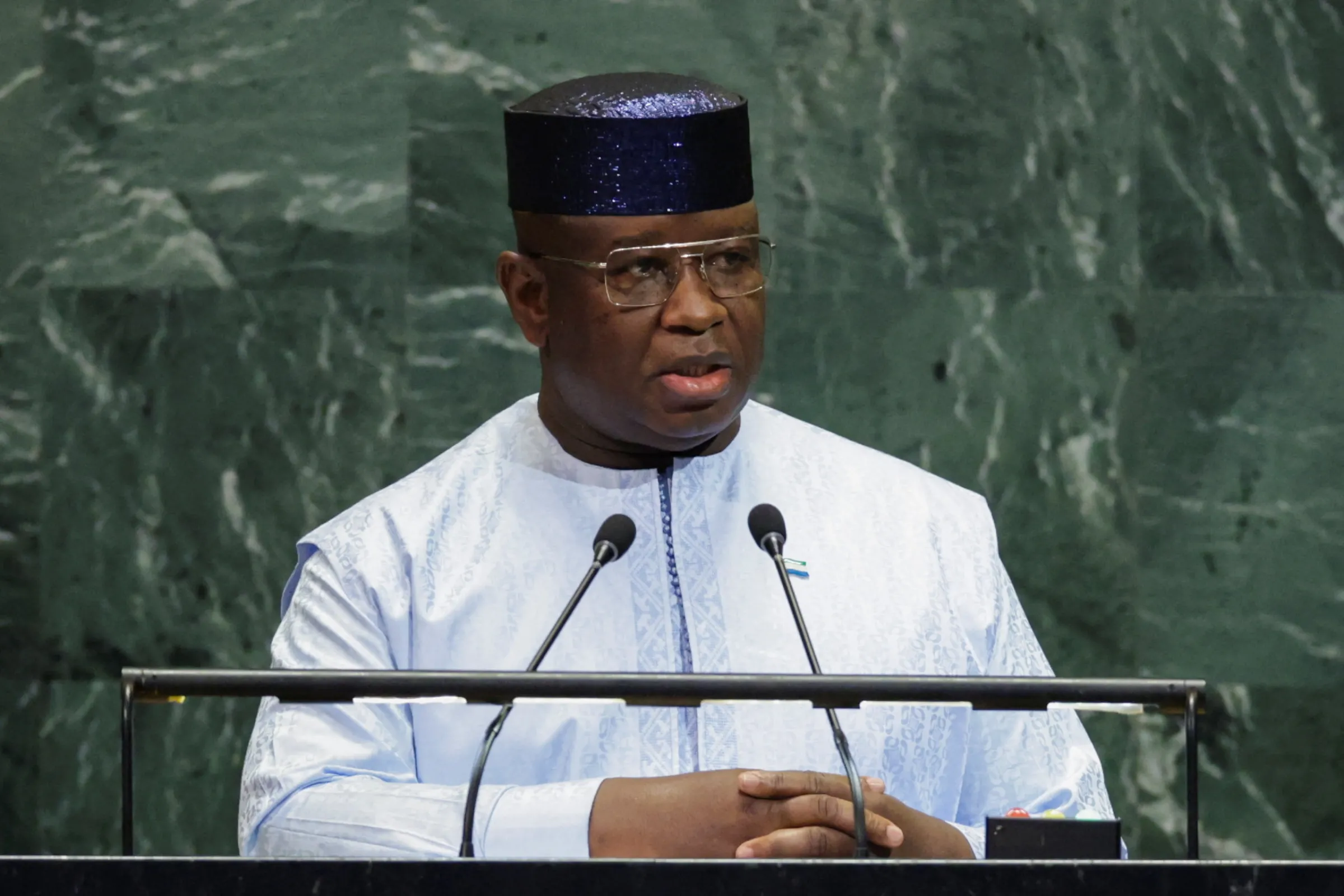 Sierra Leone's President Julius Maada Bio addresses the 80th United Nations General Assembly at U.N. headquarters in New York, U.S., September 24, 2025. REUTERS/Jeenah Moon