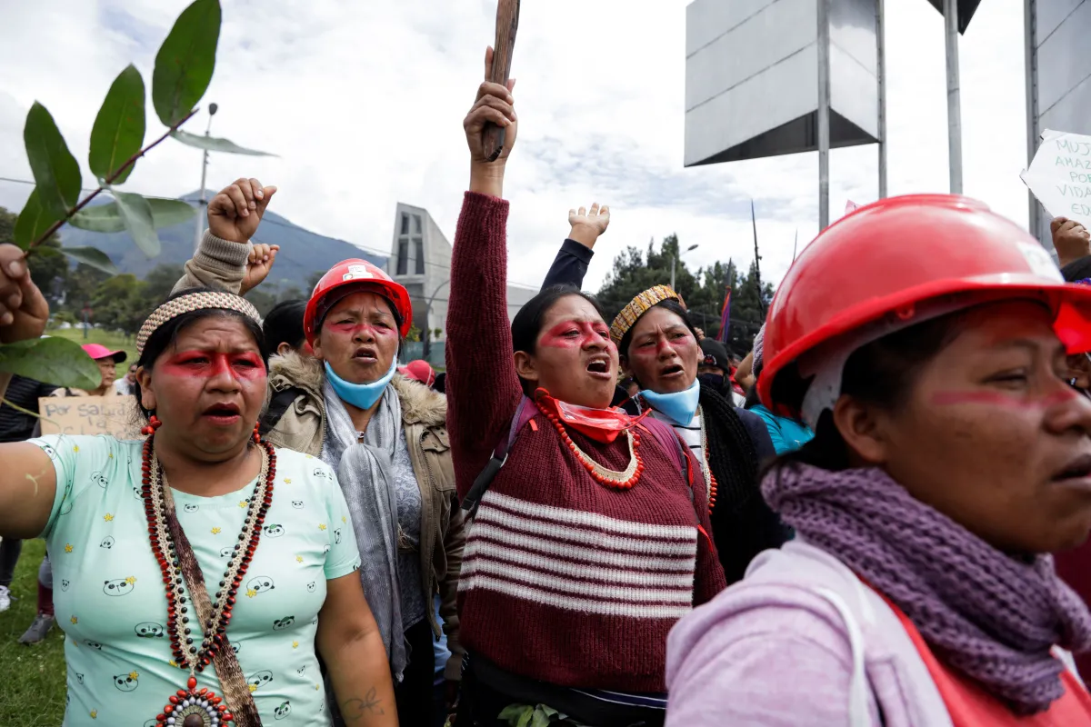 Women from different indigenous organizations, feminist groups and civil society take part in a demonstration demanding lower fuel and food prices and an end to police violence after nearly two weeks of mass protest, in Quito, Ecuador June 25, 2022. REUTERS/Karen Toro