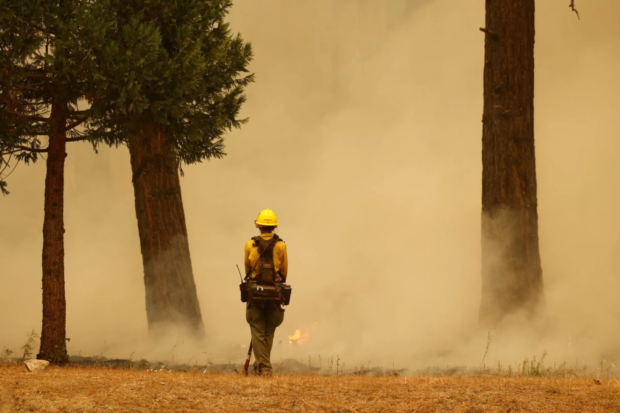 Firefighters monitor advancing flames of Caldor Fire north of Highway 50 near the town of Sciots Camp, CA, U.S., August 28, 2021