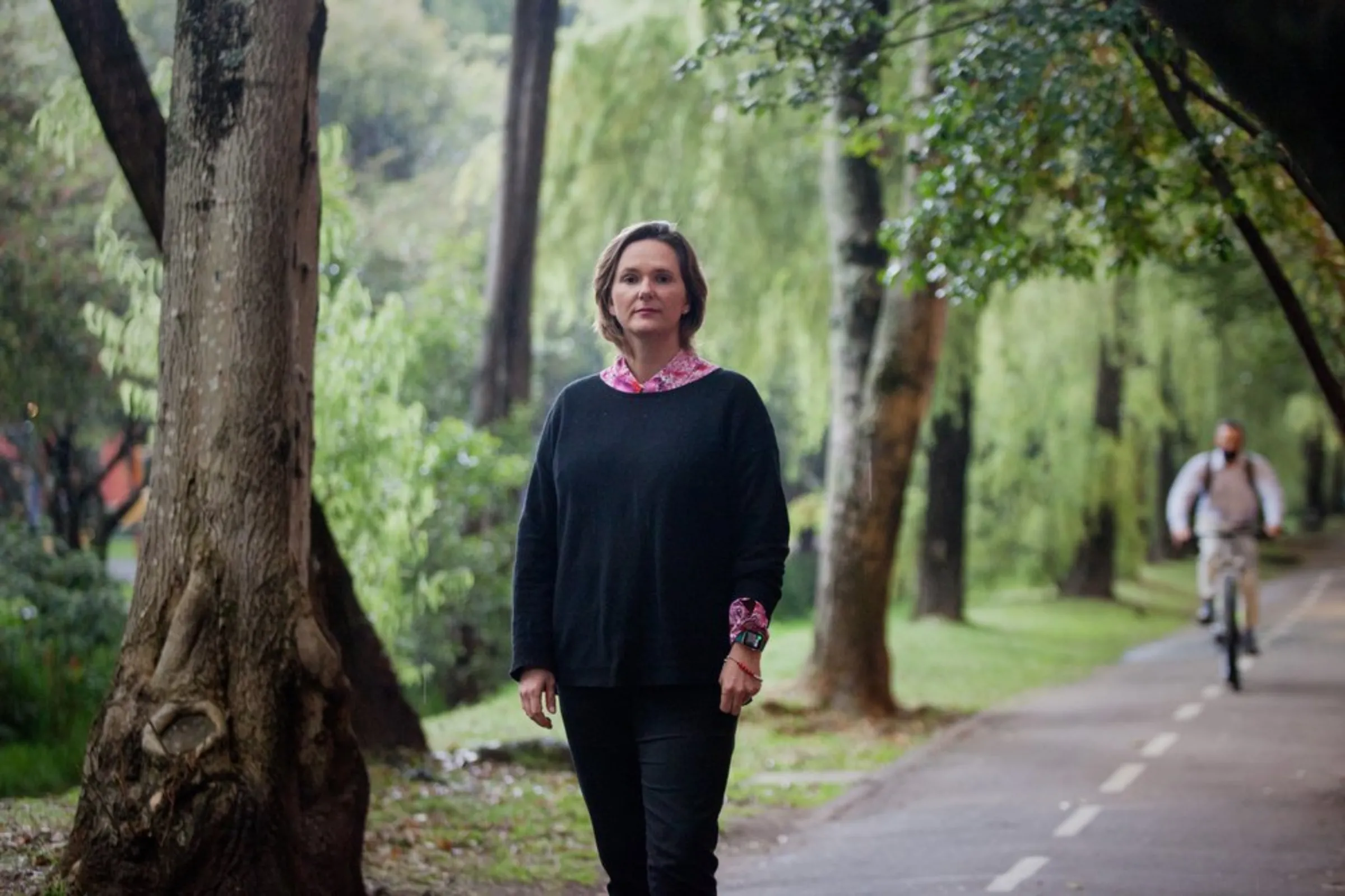 Carolina Urrutia, Bogota’s environment secretary, stands alongside bicycle lanes in Bogota, Colombia, April 28 2021