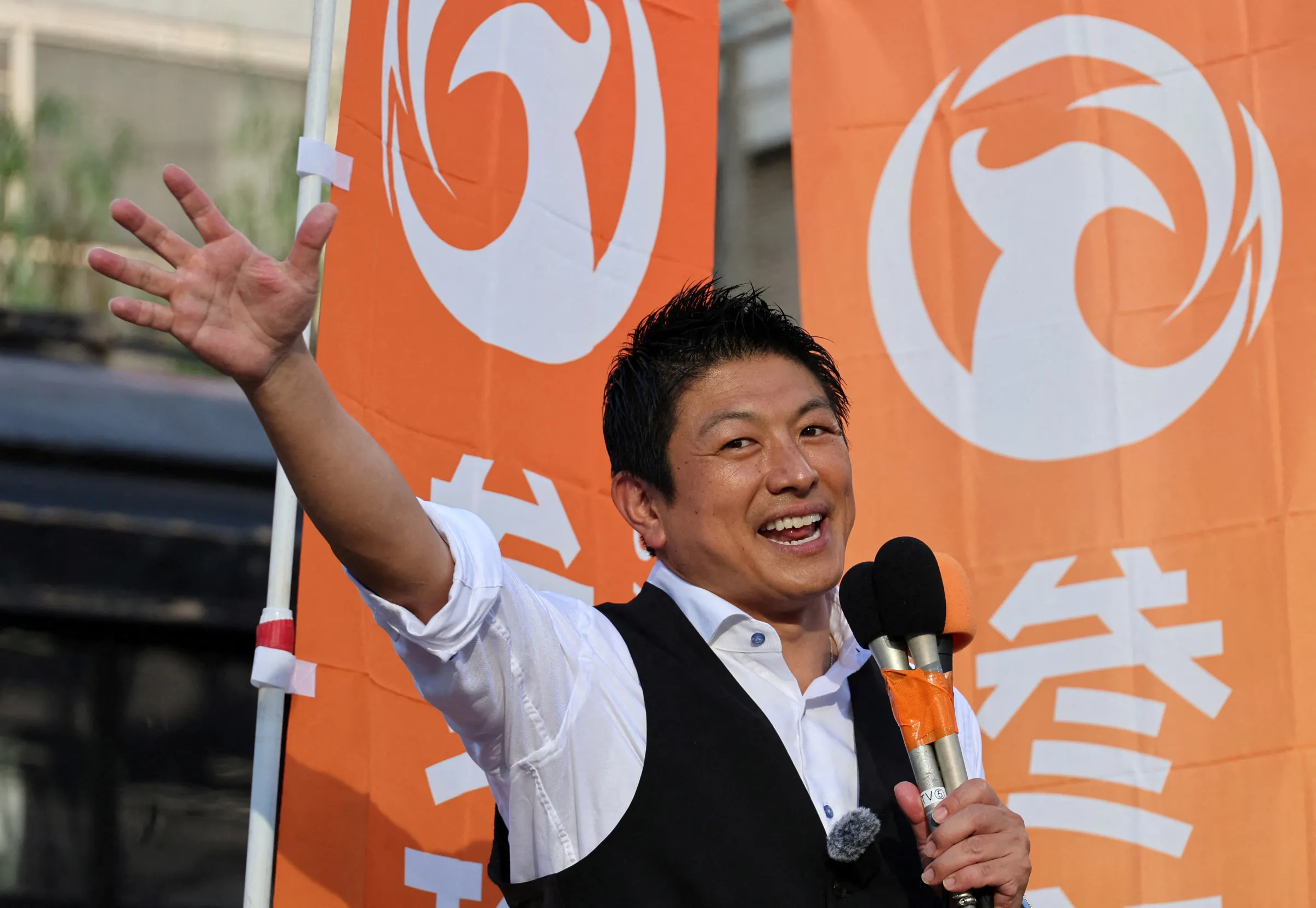 Japan's Sanseito party leader Sohei Kamiya delivers a speech during the party’s rally in Tokyo, Japan, July 21, 2025, a day after the upper house election. REUTERS/Kim Kyung-Hoon
