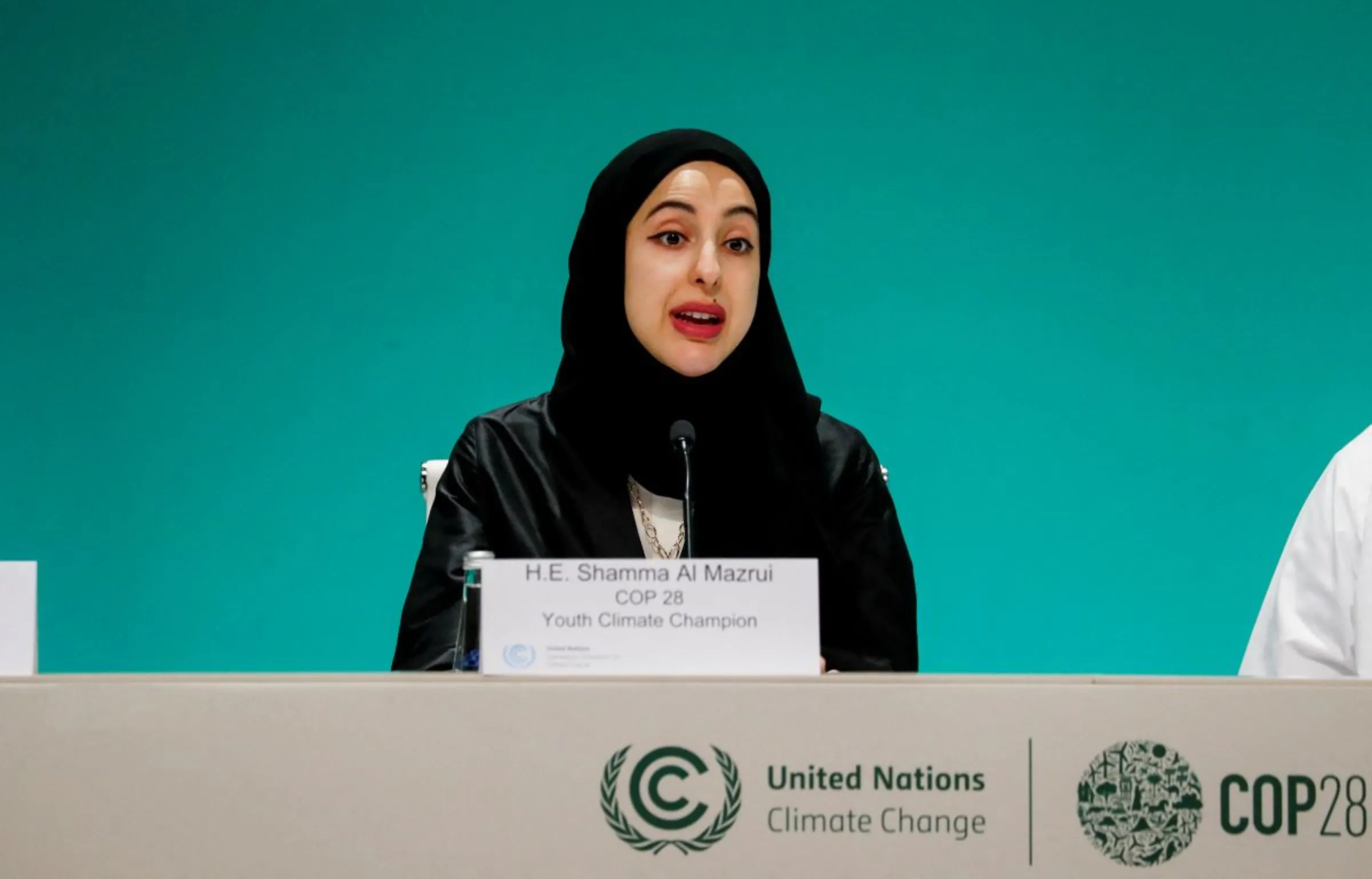 Shamma Al Mazrui, Minister of Community Development of the United Arab Emirates and COP28 Youth Climate Champion, addresses a press conference on the importance of engaging the youth in climate diplomacy, at the United Nations Climate Change Conference (COP28) in Dubai, United Arab Emirates December 8, 2023