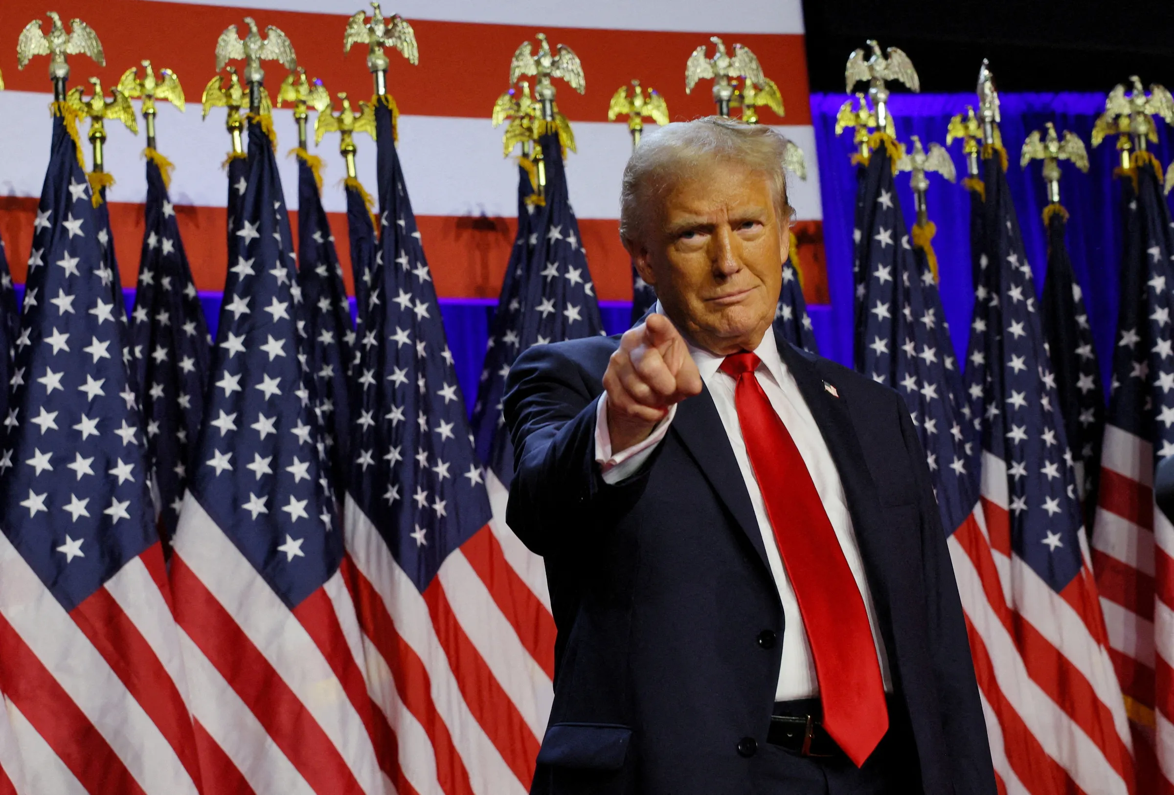 Former U.S. President Donald Trump takes the stage to address supporters at a rally in West Palm Beach, Florida, U.S., November 6, 2024. REUTERS/Brian Snyder
