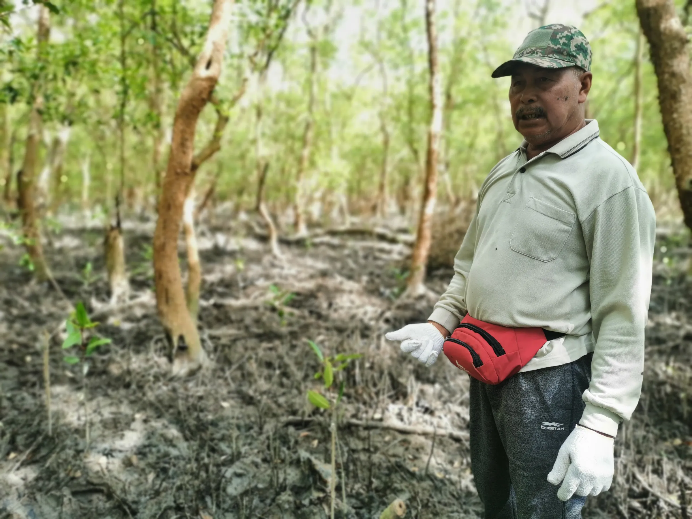 A man wearing a red belt bag stands among trees and saplings