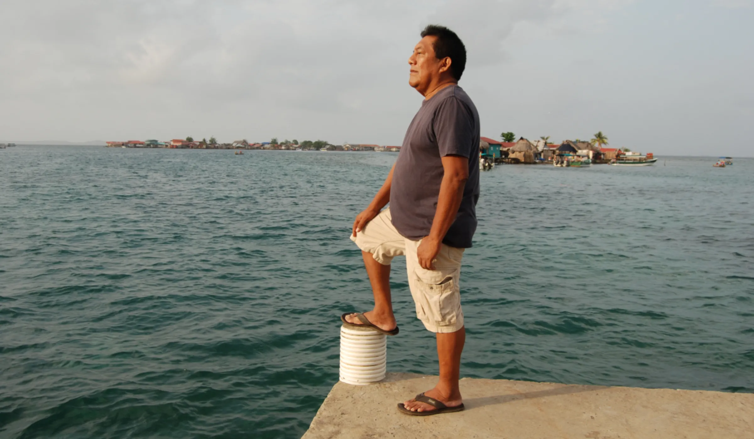 Gardi Sugdub island resident and Guna community leader Blas Lopez at the pier of his home, Panama. February 17, 2024. Thomson Reuters Foundation/Anastasia Moloney