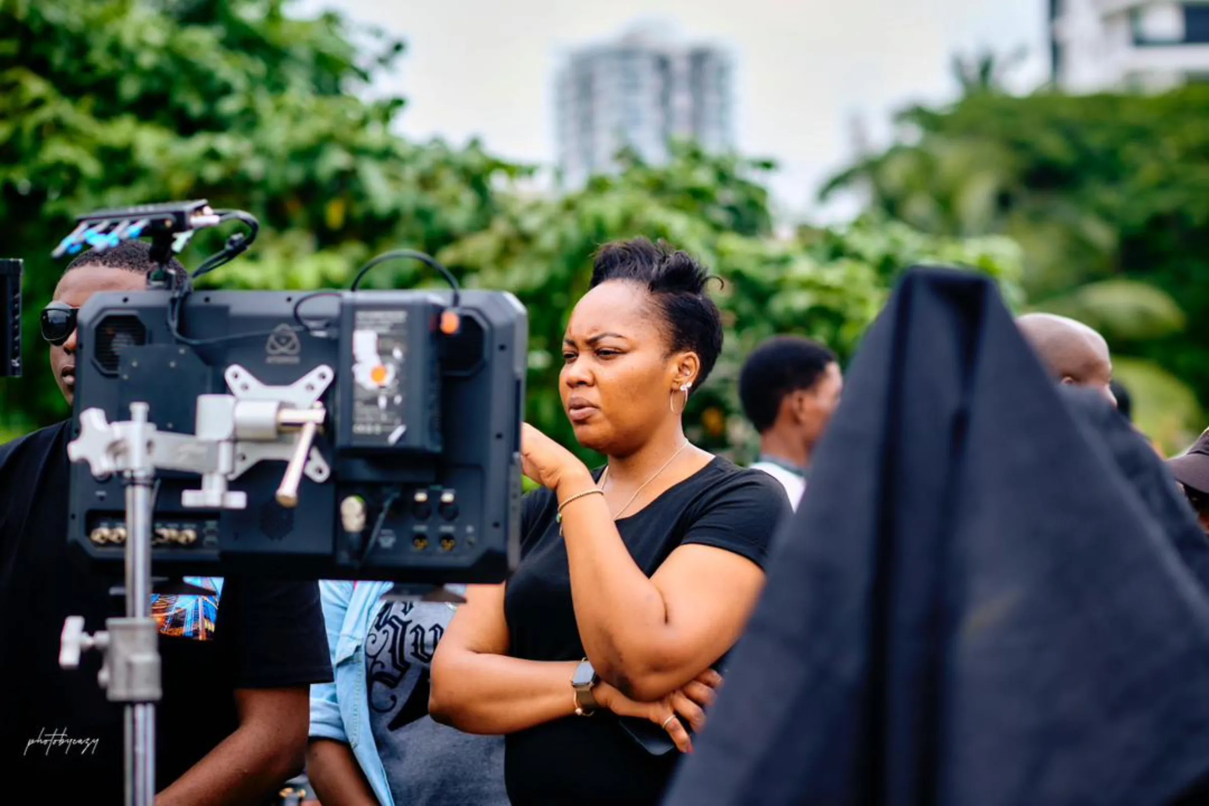 Nigerian director Sarah Kwaji and crew on the set of 'Out in the Darkness' in Lagos on August 11, 2023. Sarah Stella Kwaji Productions/Handout via Thomson Reuters Foundation