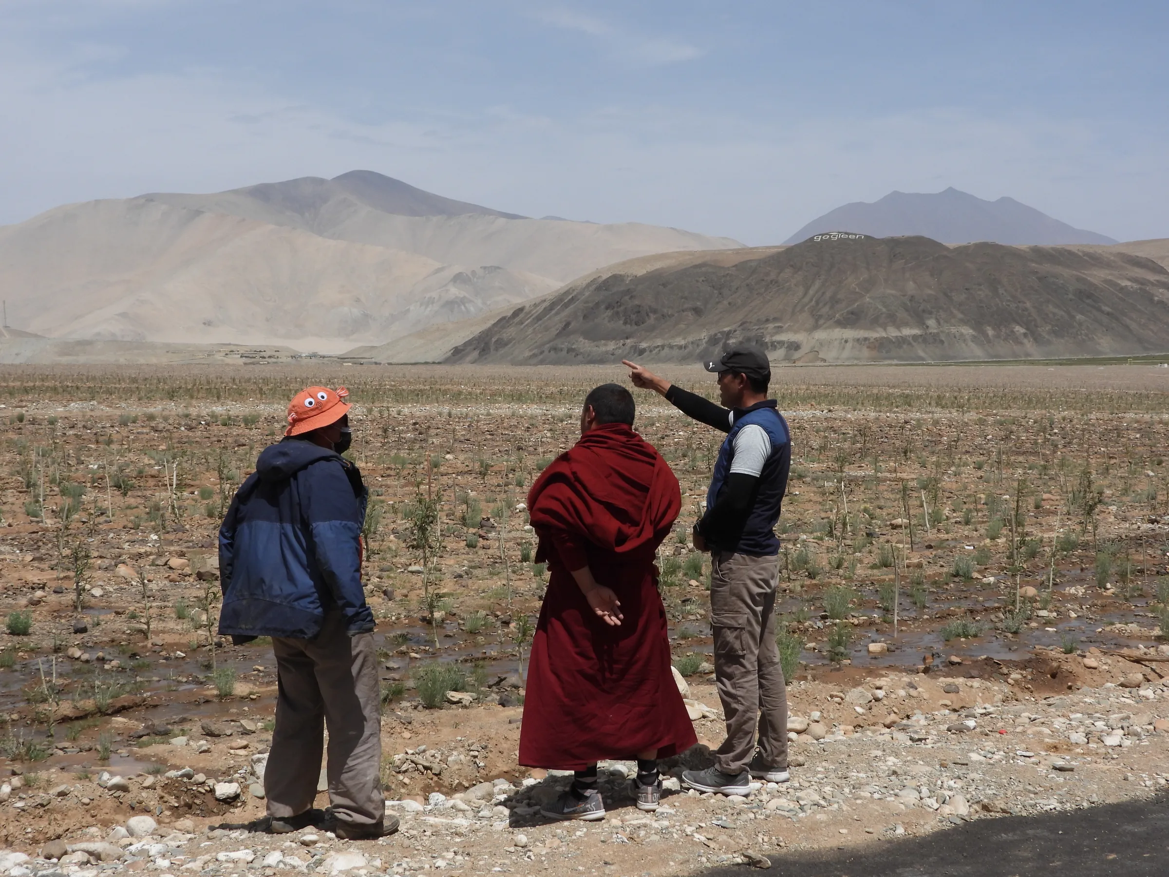 Villagers in Chushul check on the young trees they recently planted