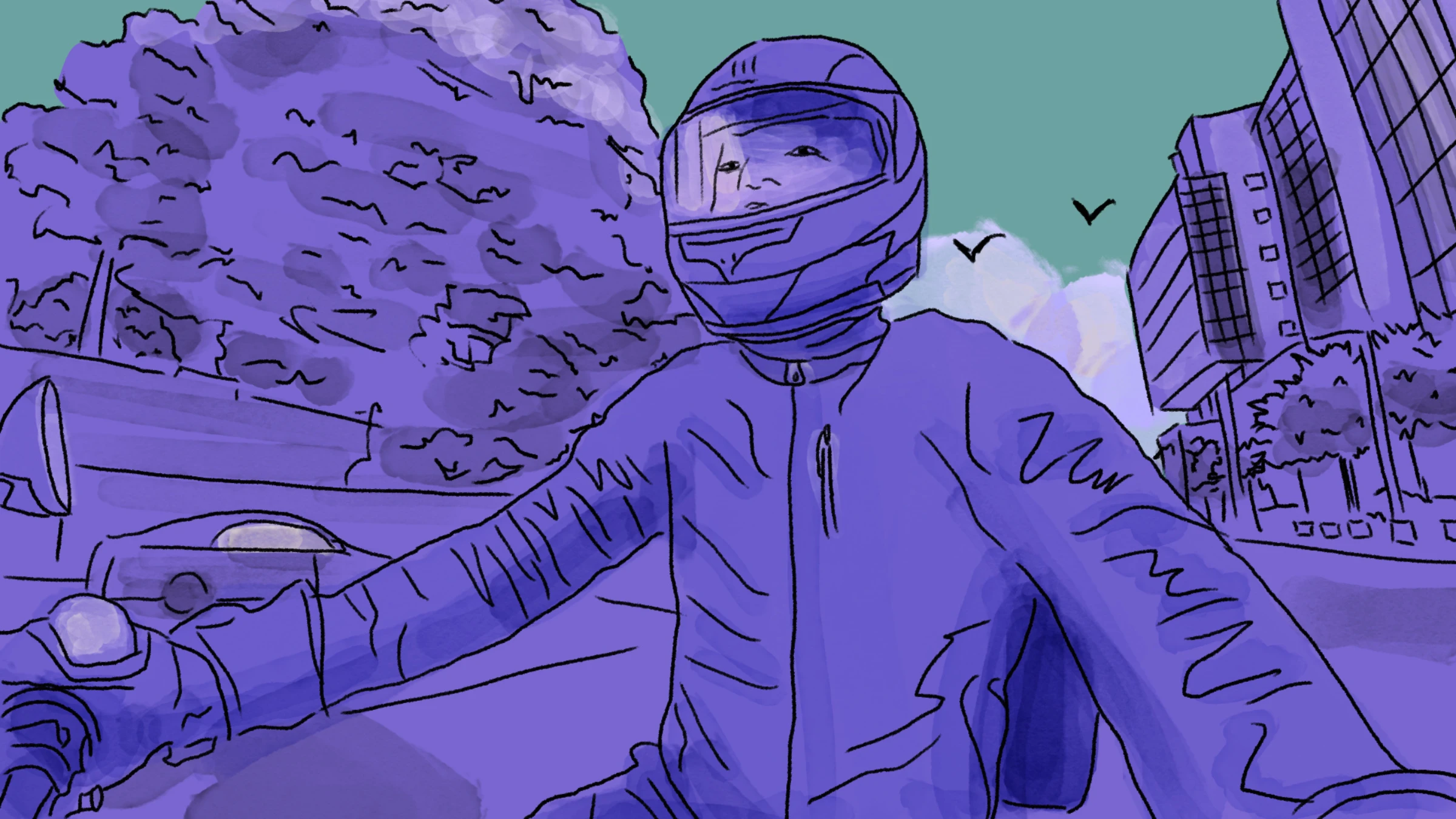 A delivery driver rides a motorbike in this illustration. Thomson Reuters Foundation/Karif Wat