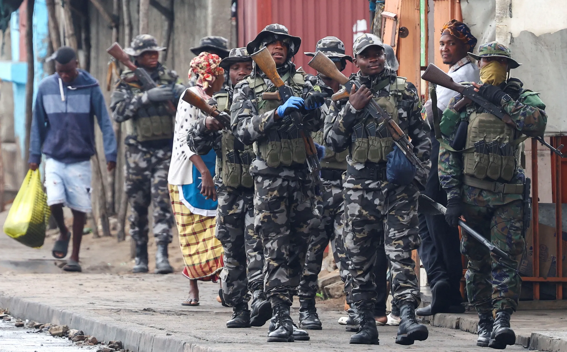 Members of the Mozambique military patrol the streets of the capital a day after a 'national shutdown' against the election outcome, in Maputo, Mozambique, November 8, 2024. REUTERS/Siphiwe Sibeko