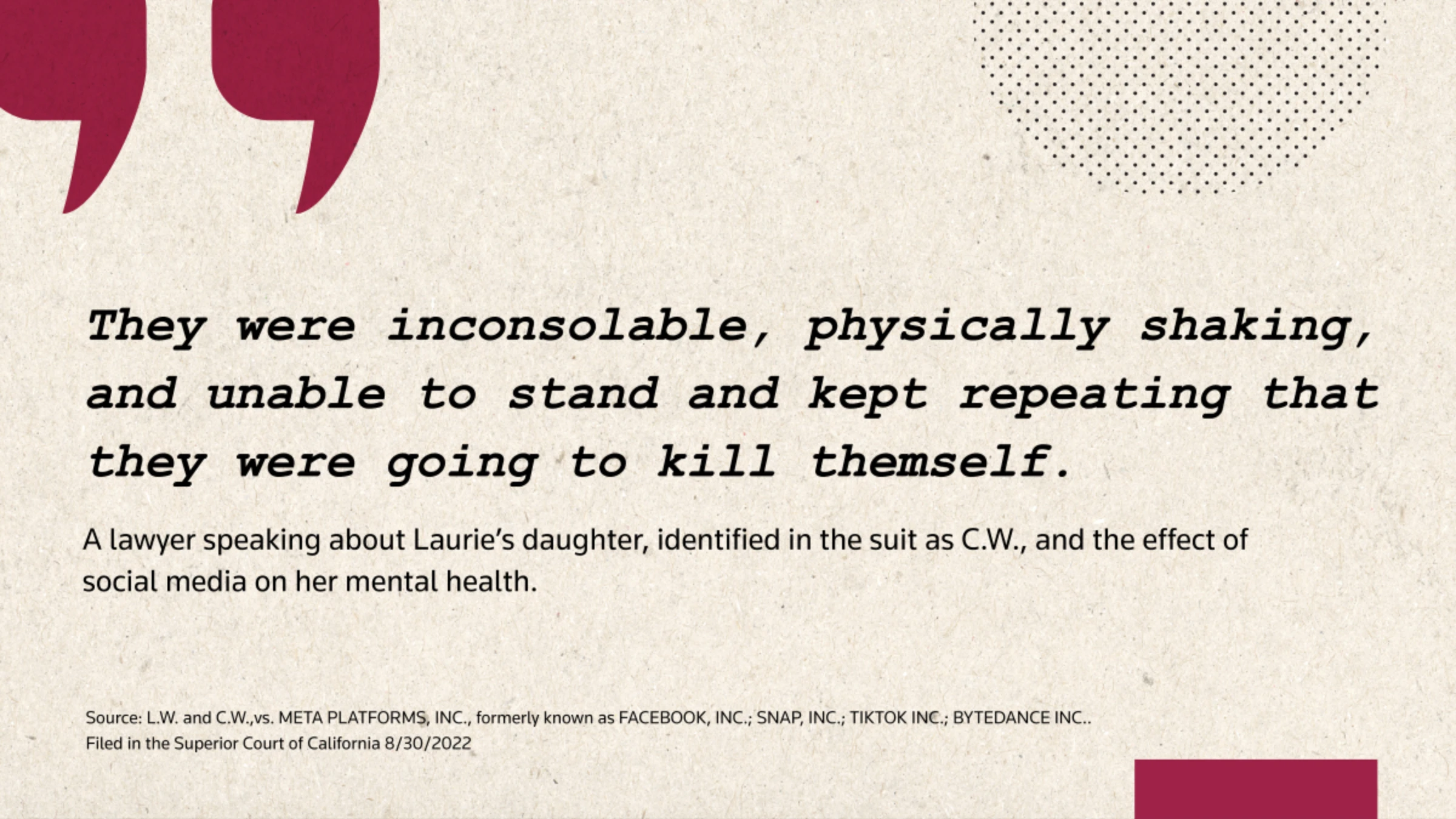 'They were inconsolable, physically shaking, and unable to stand and kept repeating that they were going to kill themself.'
- A lawyer speaking about Laurie's daughter, identified in the suit as C.W., and the effect of social media on her mental health.
L.W. and C.W.,vs. META PLATFORMS, INC., formerly known as FACEBOOK, INC.; SNAP, INC.; TIKTOK INC.; BYTEDANCE INC.