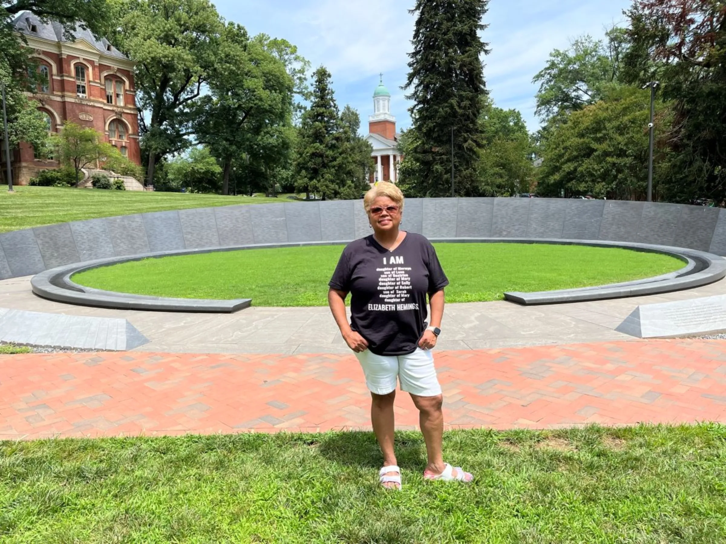 Robin Reaves Burke is pictured near the Memorial to Enslaved Laborers at the University of Virginia in Charlottesville, Virginia, USA, Summer 2023