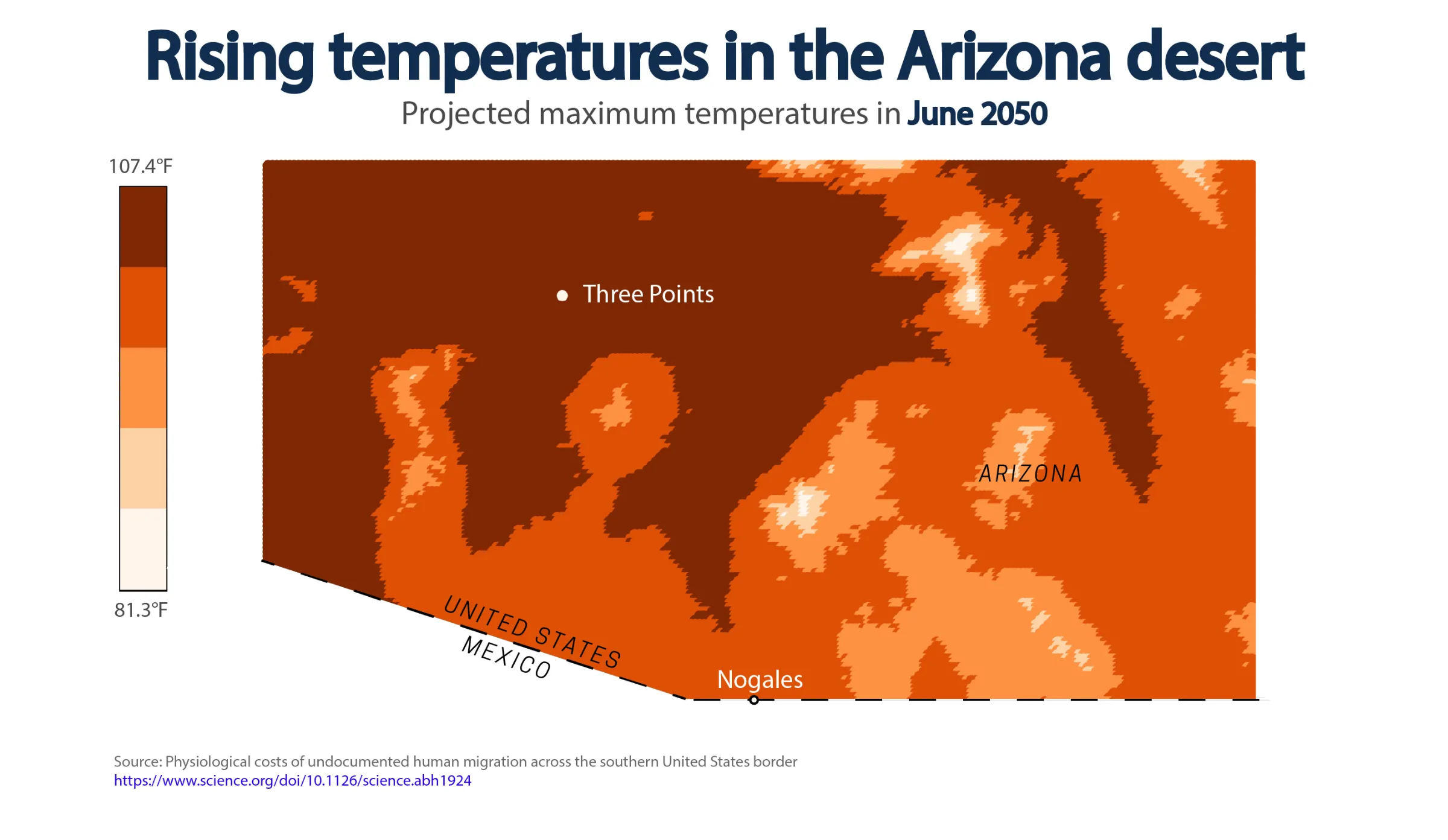 Rising temperatures in the Arizona desert. Daily maximum temperatures registered in June 2020 and projected maximum temperatures in June 2050. Microclimate analysis on the region in Arizona with the highest number reported of number of migrant deaths due to exposure. November 2, 2022. Thomson Reuters Foundation/Diana Baptista