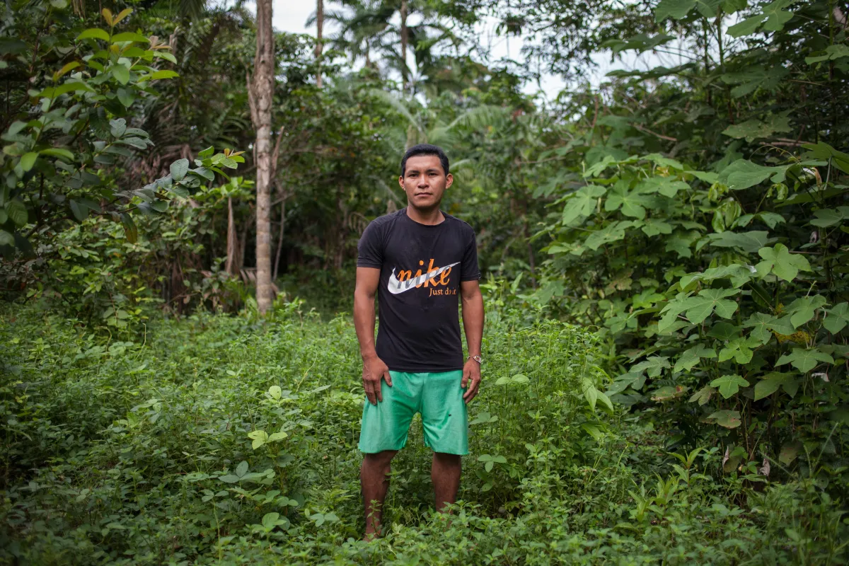 A man in green shorts and a black t-shirts stands in the rainforest surrounded by foliage