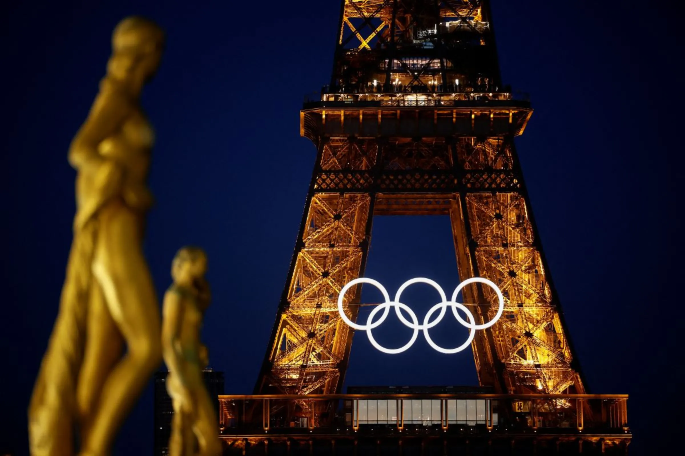 The Olympic rings are displayed on the first floor of the Eiffel Tower ahead of the Paris 2024 Olympic games in Paris, France, June 9, 2024 REUTERS/Benoit Tessier