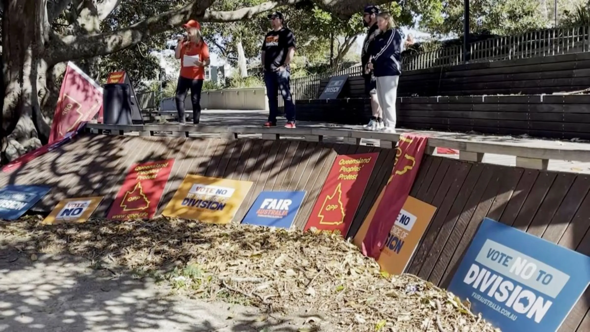 A rally opposing a referendum on whether to establish a constitutionally recognised Indigenous advisory body to parliament in Brisbane, Australia, August 19, 2023