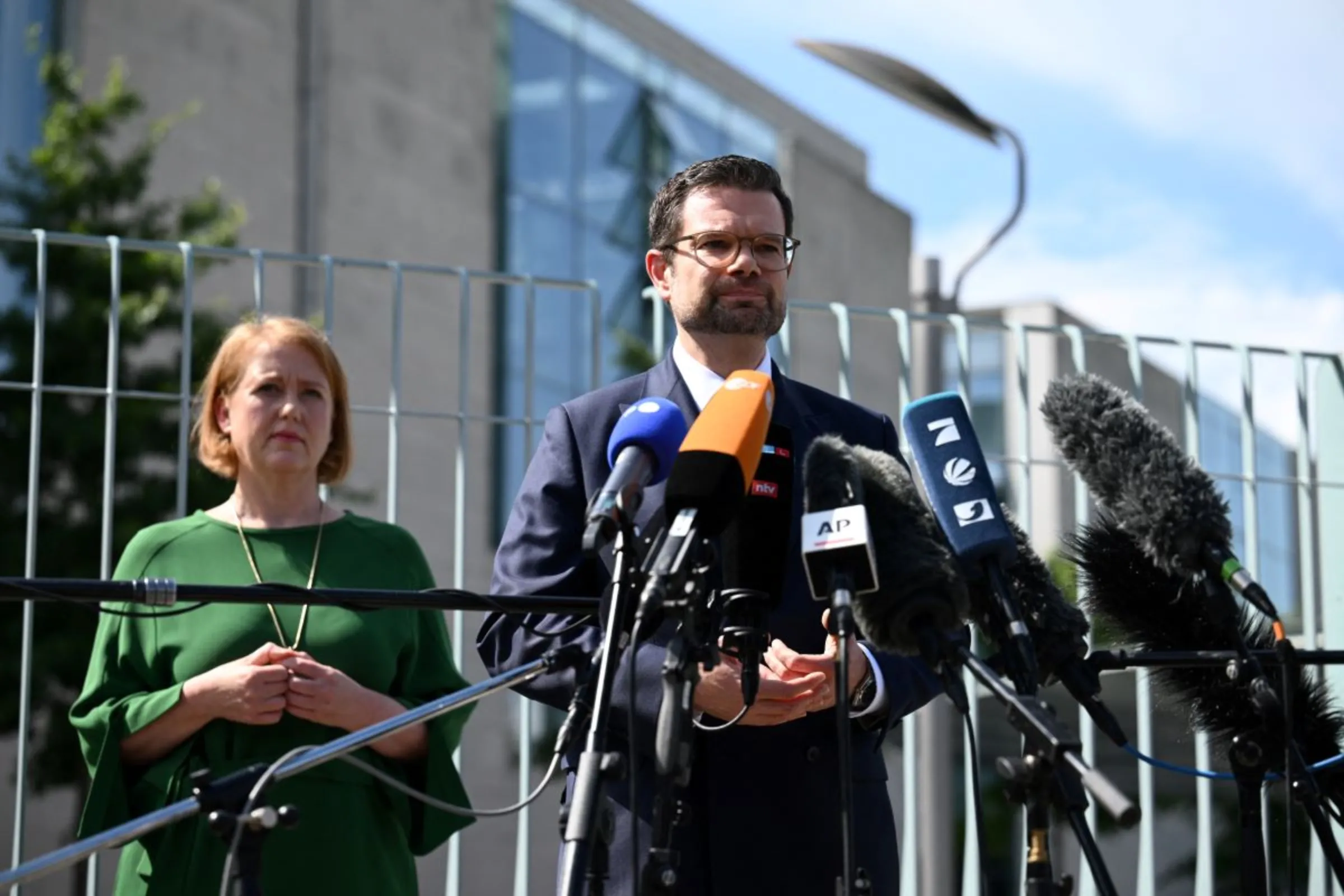 German Minister for Family Affairs, Senior Citizens, Women and Youth Lisa Paus and German Justice Minister Marco Buschmann give a press statement on the government's draft law on self-determination in relation to gender registration in Berlin, Germany August 23, 2023. REUTERS/Annegret Hilse