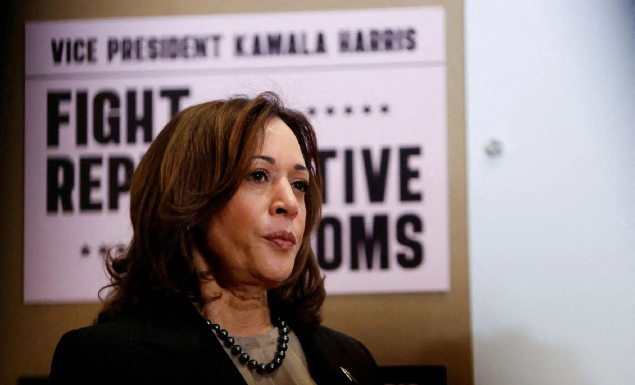 U.S. Vice President Kamala Harris looks on as she visits the St. Paul Health Center, a clinic that performs abortions, in St. Paul, Minnesota, U.S., March 14, 2024. REUTERS/Nicole Neri/File Photo