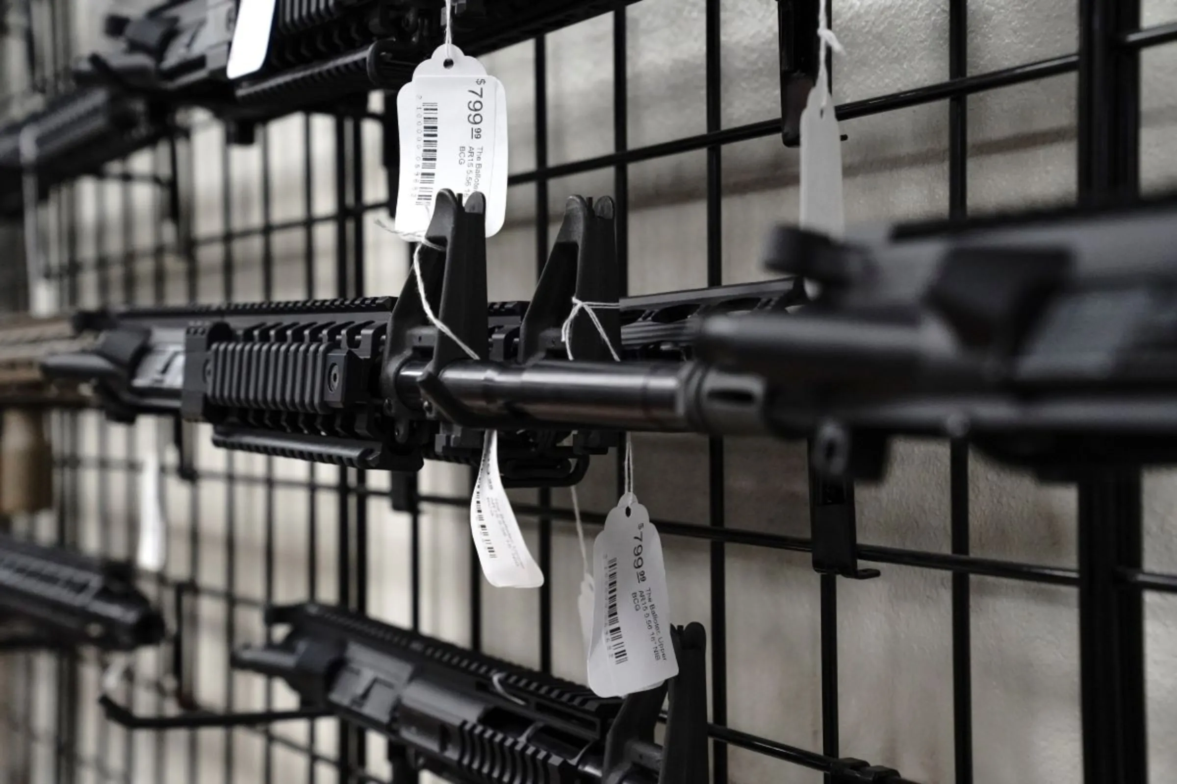 An AR-15 upper receiver nicknamed 'The Balloter' is seen for sale at Firearms Unknown, a gun store in Oceanside, California, U.S., April 12, 2021. REUTERS/Bing Guan