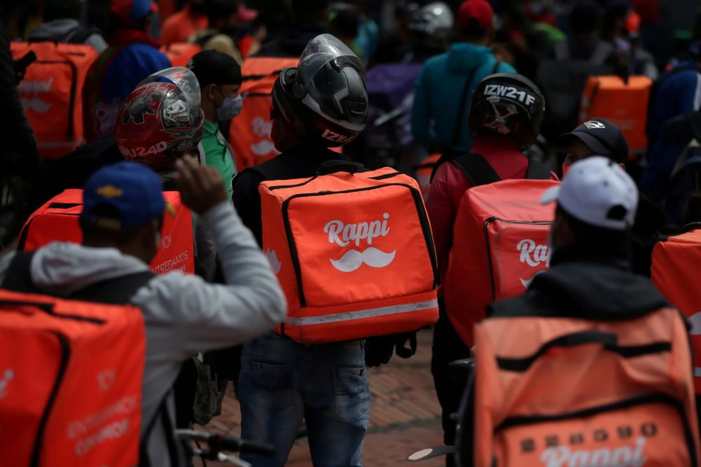 Delivery workers for Rappi and other delivery apps protest as part of a strike to demand better wages and working conditions, amid the coronavirus disease (COVID-19) outbreak, in Bogota, Colombia August 15, 2020.