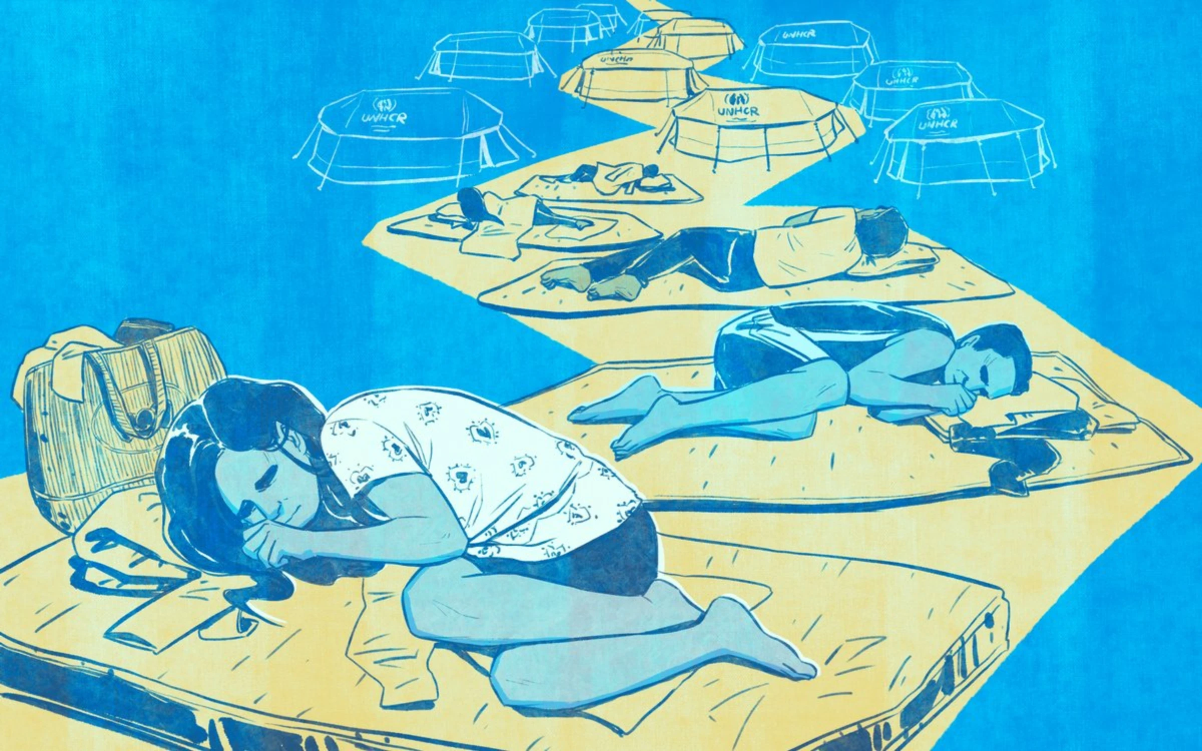 Drawing of migrants sleeping on the floor