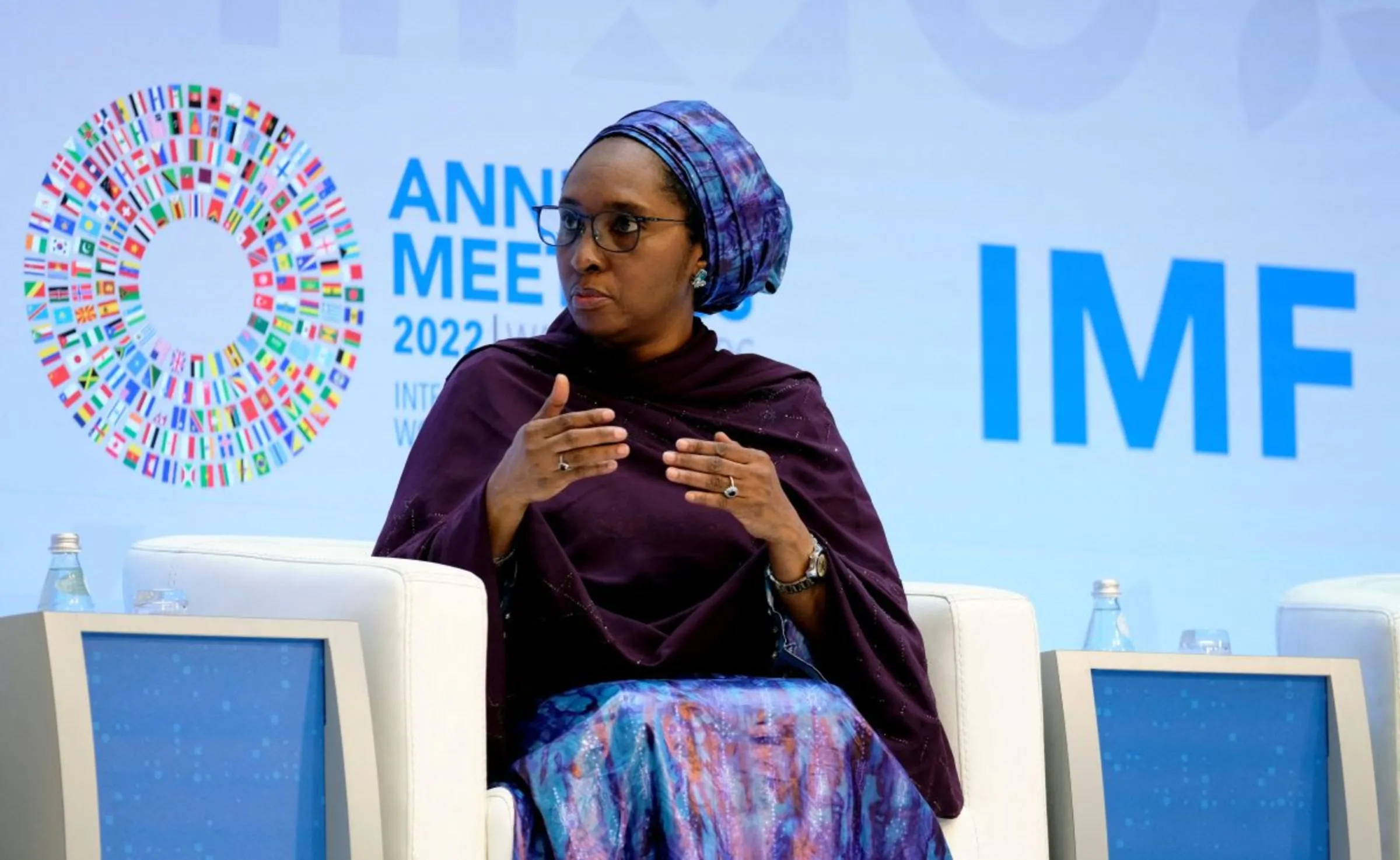Nigeria's Minister of Finance Zainab Ahmed speaks at the headquarters of the International Monetary Fund during the Annual Meetings of the IMF and World Bank in Washington, U.S., October 13, 2022. REUTERS/James Lawler Duggan