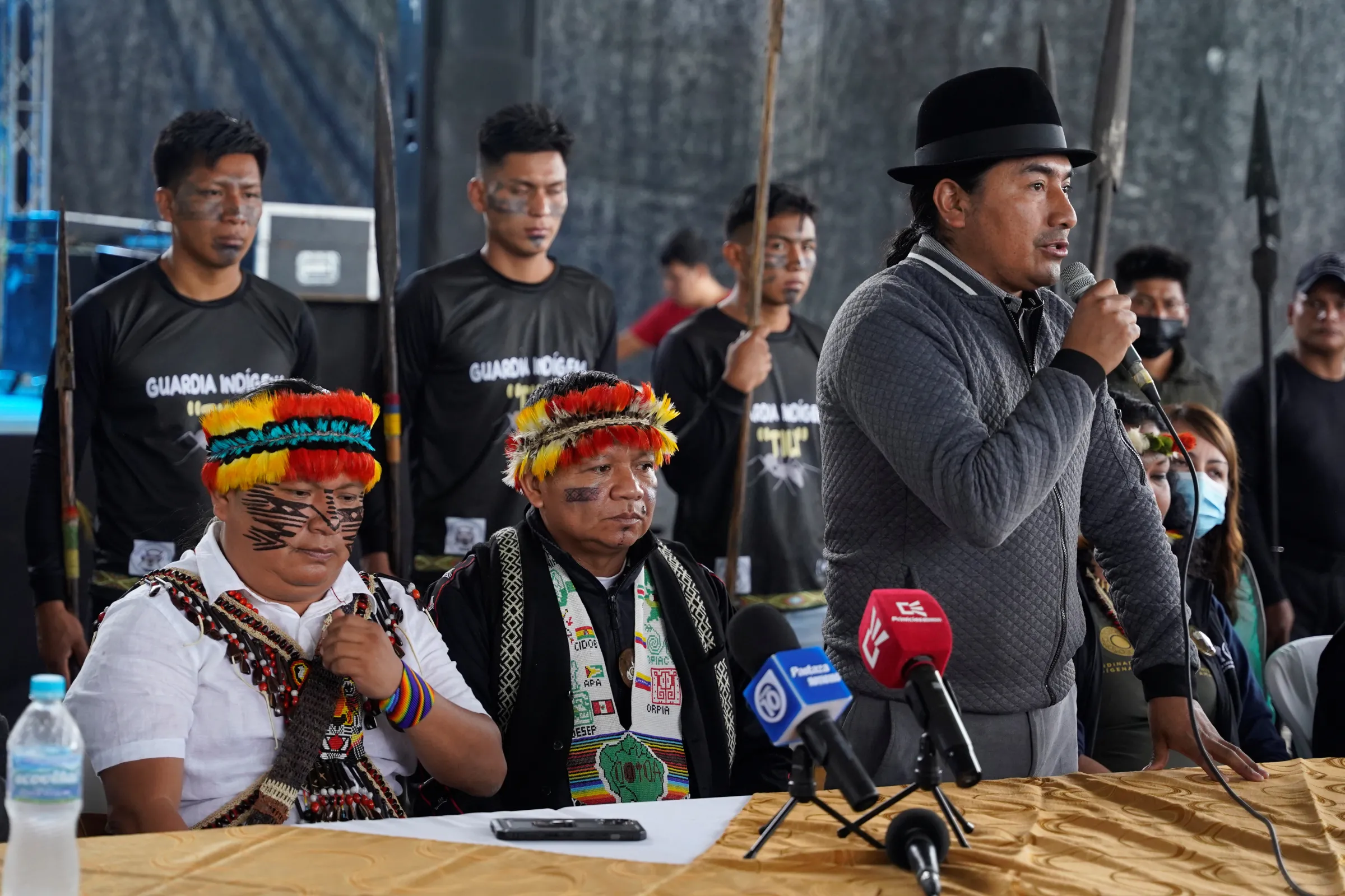 Leaders from indigenous communities in the Amazon basin hold a news conference during a meeting where they demanded South American governments halt extractive industries that damage the rainforest, in Union Base, Ecuador