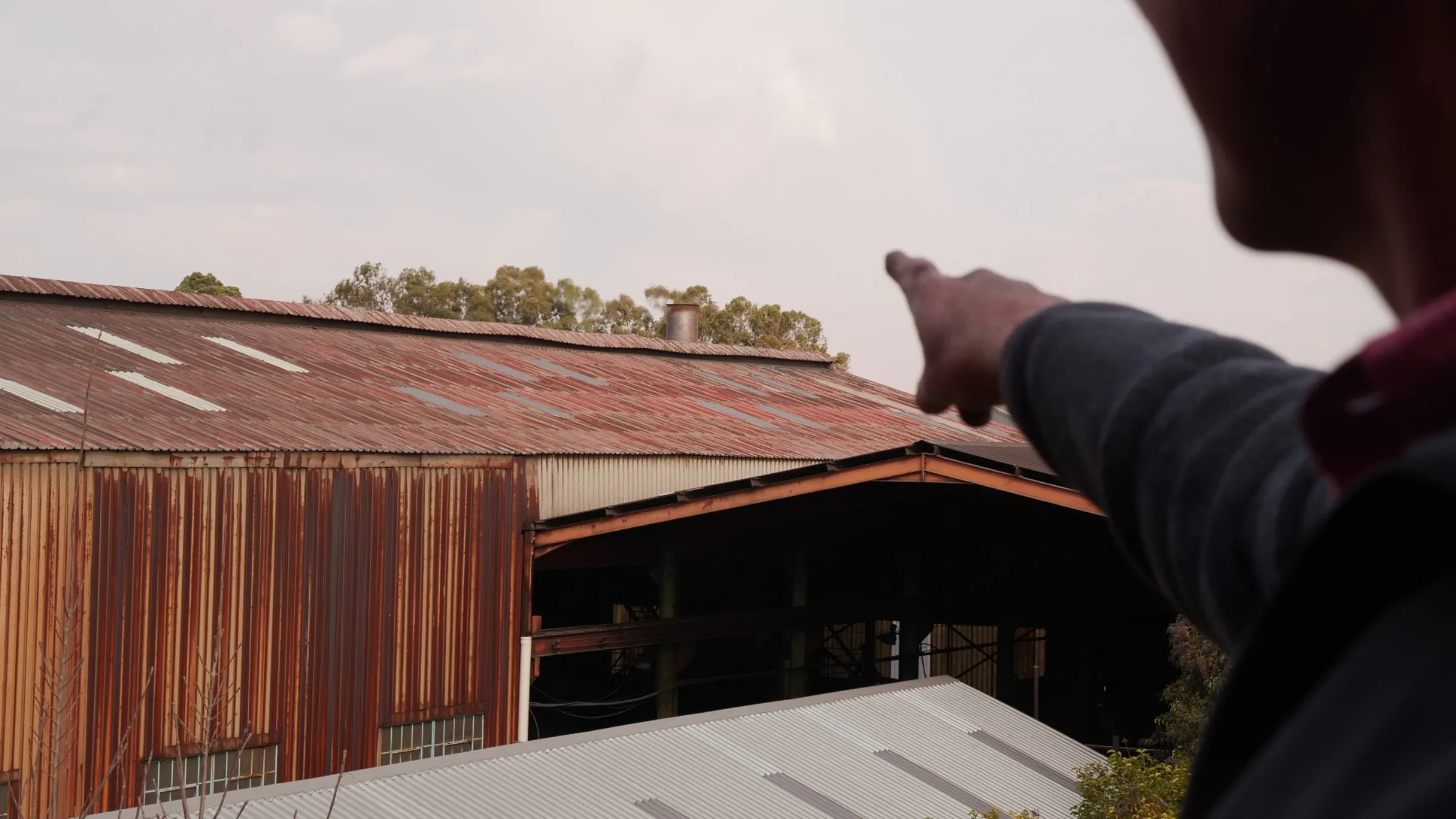 Darryl Phipps, the charcoal plant manager, points to the clean thermal energy being released from the chimney stack in Brakpan, Johannesburg, South Africa, June 8, 2025. Thomson Reuters Foundation/Kim Harrisberg