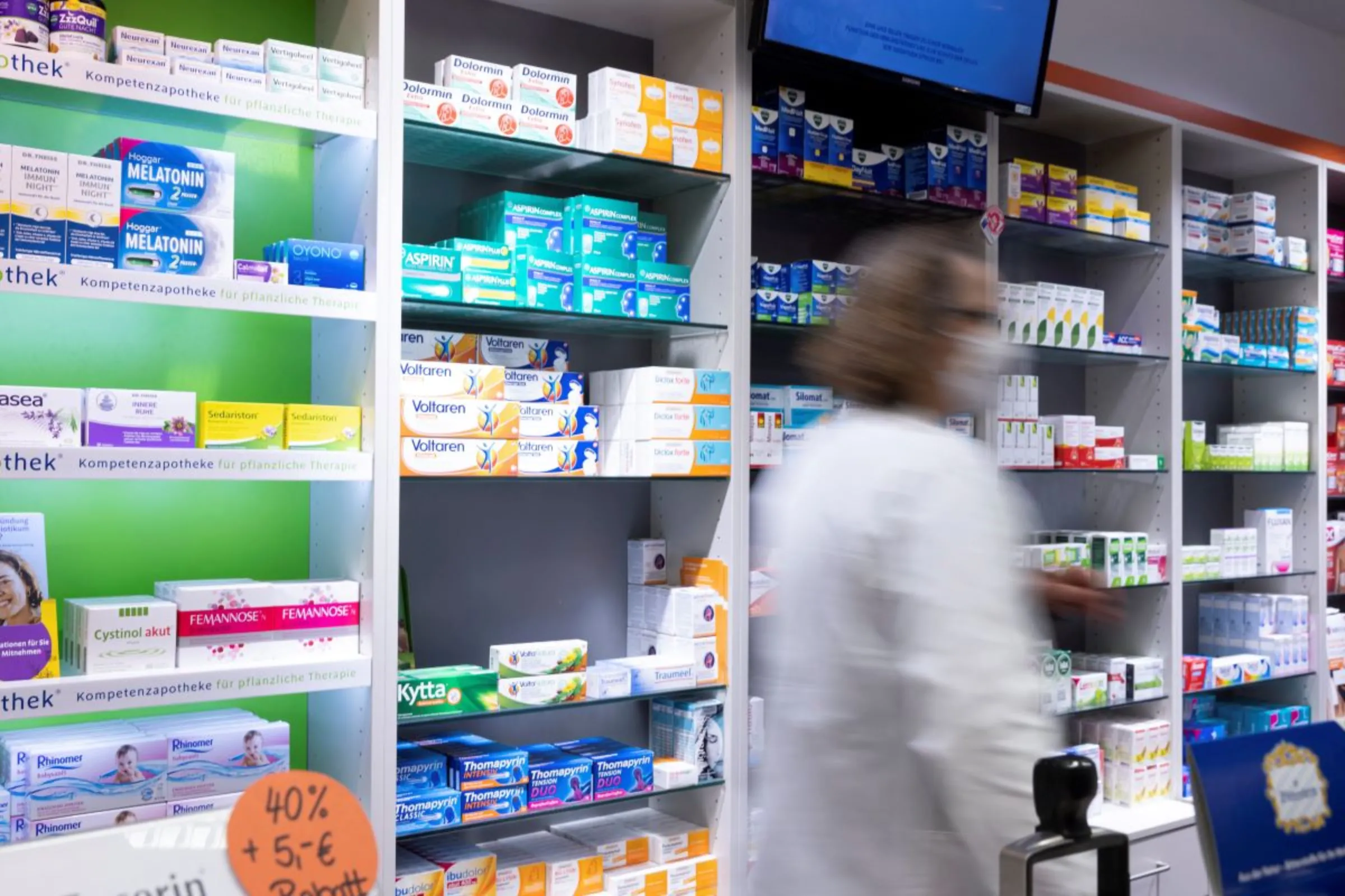 Medicines are displayed on a shelf in a pharmacy in Augsburg, Germany, January 26, 2023. REUTERS/Lukas Barth