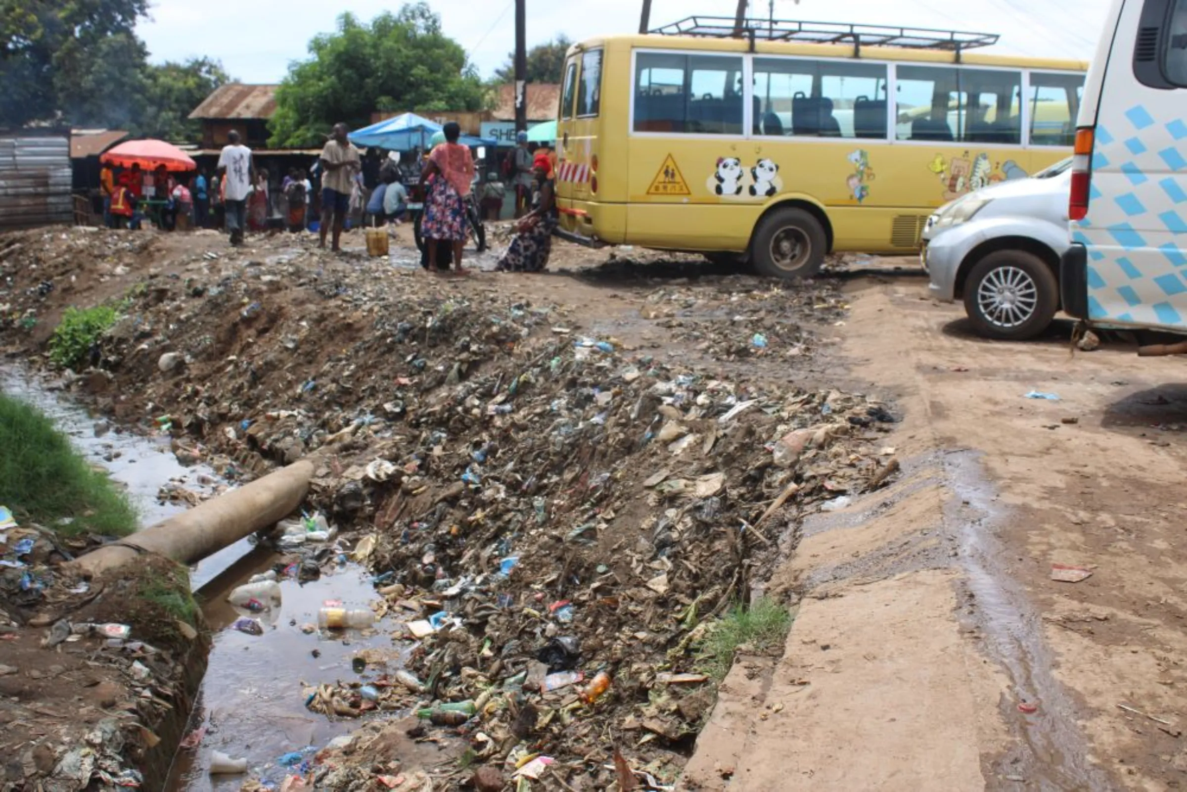 Stagnant water and polluted water in the city of Lilongwe, Malawi. Poor hygiene in townships and locations is one of the contributing factor to the outbreak. January 11, 2023
